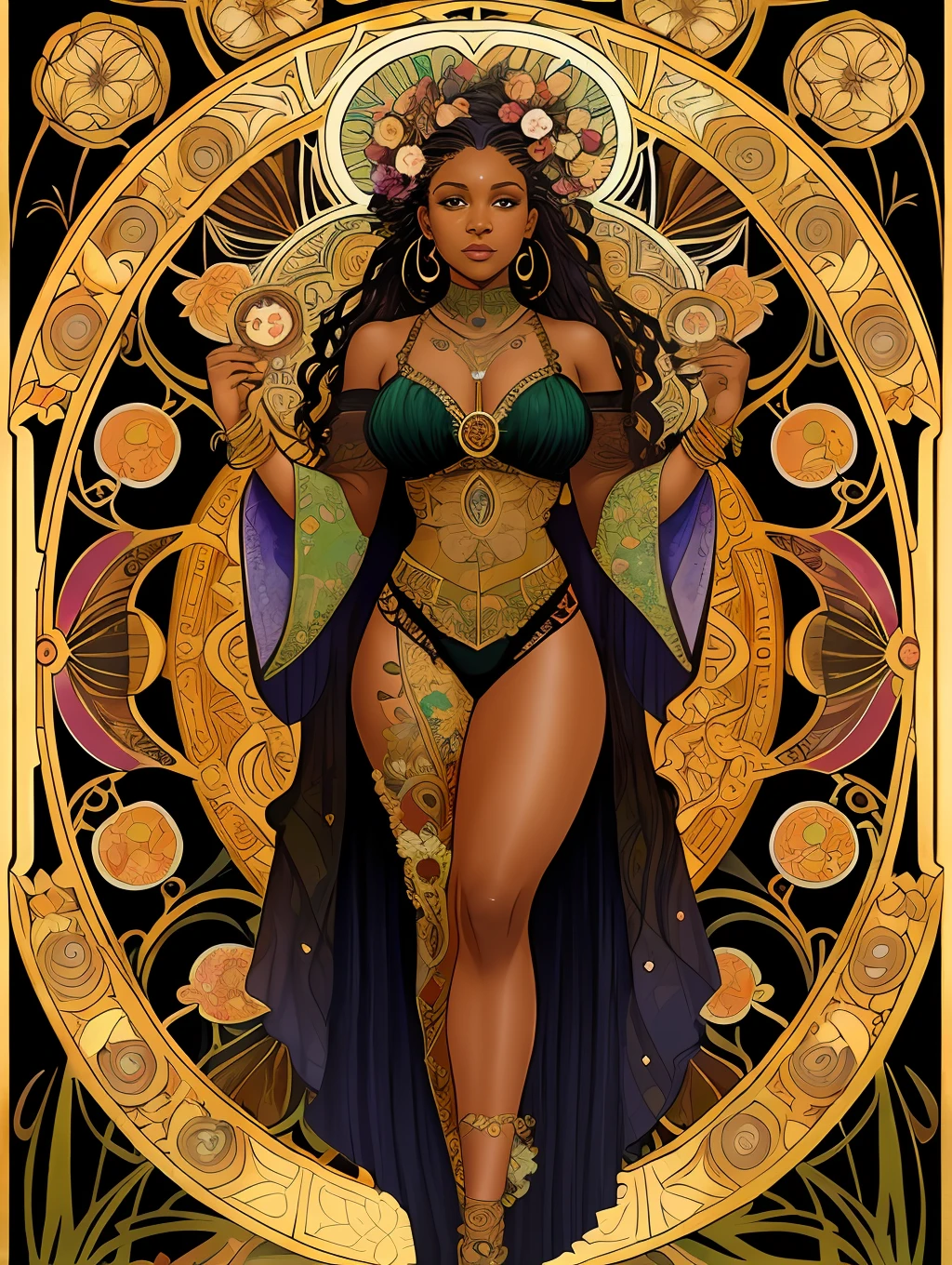 A full body portrait of a gorgeous black woman with flowers on her hair, tarot card, variscite, alphonse mucha, gustav klimt, anna dittmann, floral, art nouveau, illustration, hyperrealistic, line art, marker drawing, watercolor painting, african American woman