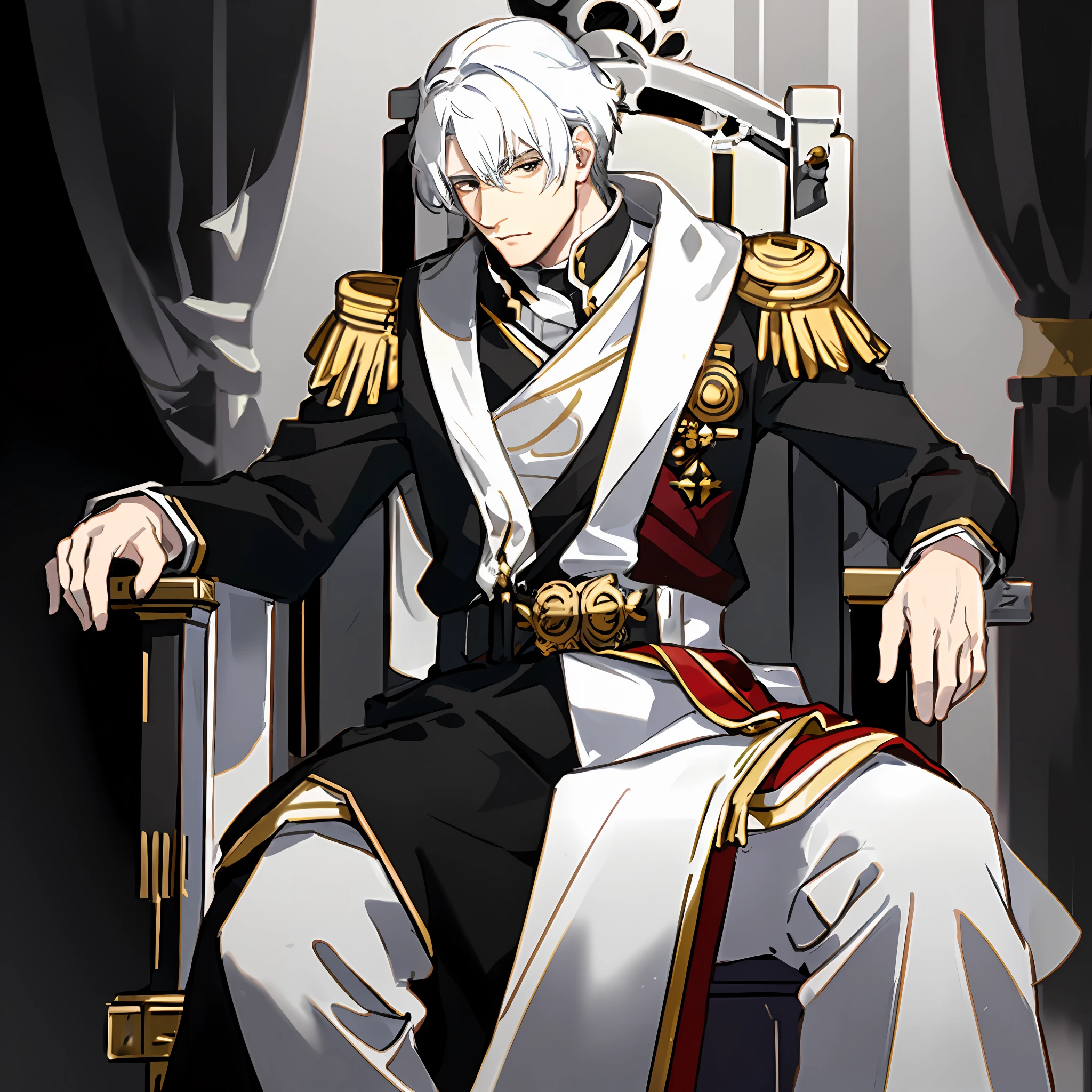 A old king, white hair, black eyes, sitting on the throne, imperial white clothing, portrait