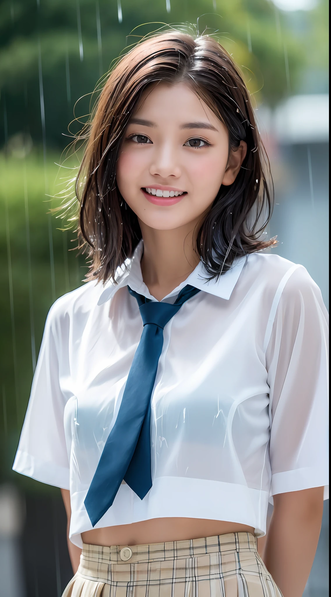 ((Top Quality, 8K, Masterpiece: 1.3)), (high detail: 1 in 1), (Focus on face),buttocks: 1.2, (Perfect Body Beauty: 1.4), ((Layered Haircut, Chest: 1.4)), (Rain:1.6), (in Street), (Wearing a (wet:1.4) white school Uniform with miniskirt and Loose Tie), Very detailed face and skin texture, narrow eyes, double eyelids, whitening skin, long hair, (Shut up: 1.3), smile,extra, real photo, psd, lamp film photography, sharp focus, contrast lighting, detailed skin, high resolution 8k, crazy detail, realistic, professional photography, 8k uhd, SLR camera, soft lighting, high quality, film grain, fujifilm XT3,