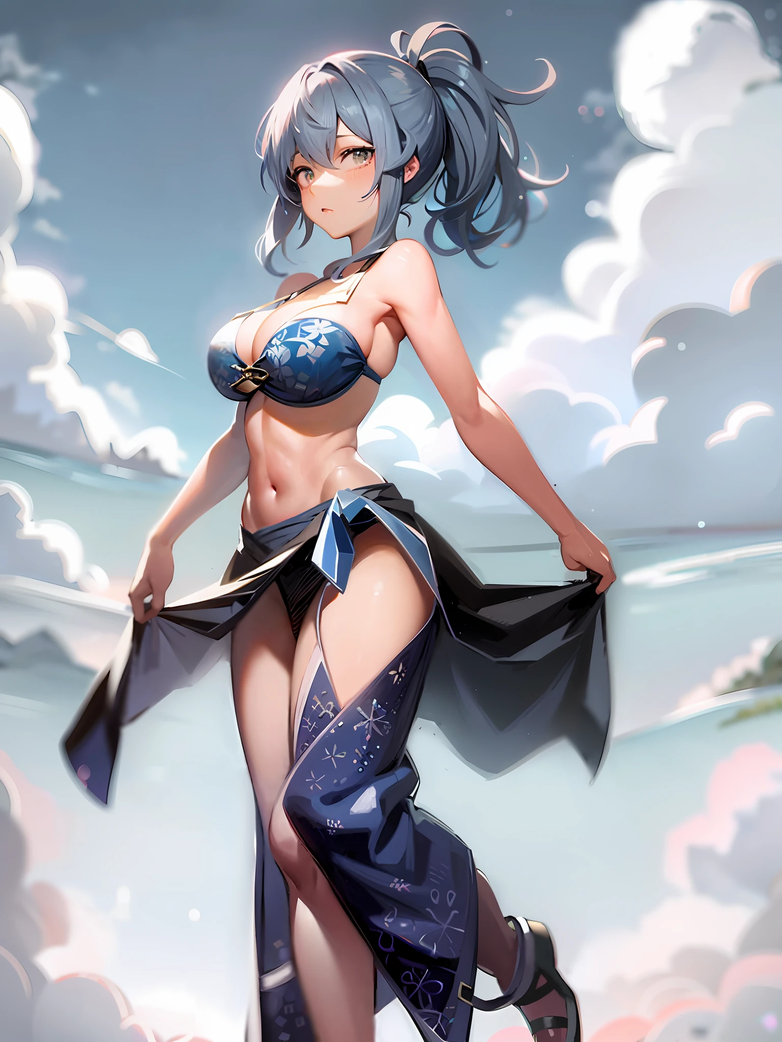 Pink dress and blue-haired woman posing, anime moe art style, made in anime painter studio, anime girl with teal hair, Hatsune Miku's short hair, pixiv 3DCG, seductive anime girl, Miku, Kushato Krenz, Kushato Kenz, drawn in anime painter studio, stylized anime, highly detailed artgerm, seaside, Bright blue sky, coast, summer sky