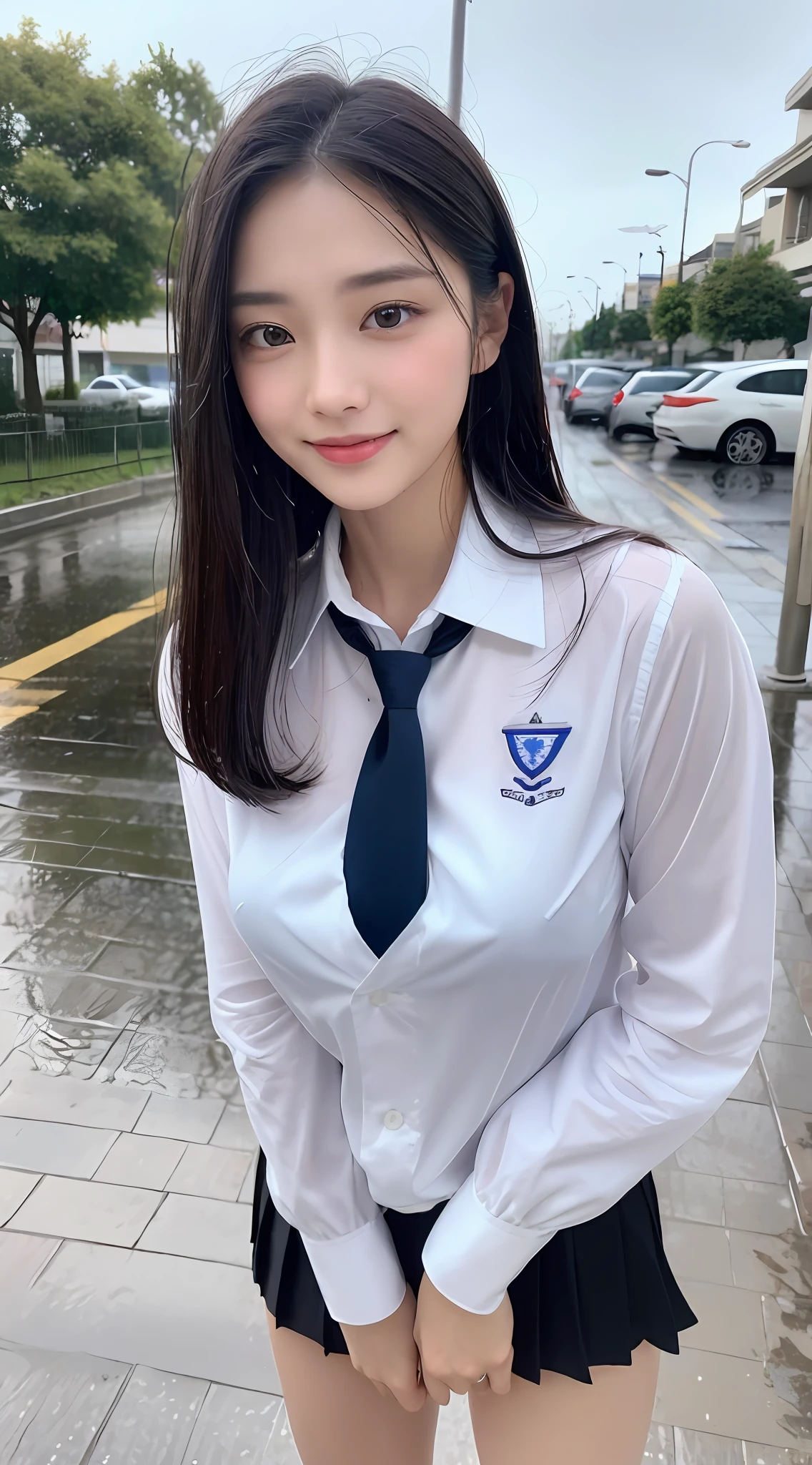 ((Top Quality, 8K, Masterpiece: 1.3)), (high detail: 1 in 1), (Focus on face),buttocks: 1.2, (Perfect Body Beauty: 1.4), ((Layered Haircut, Chest: 1.4)), (Rain:1.6), (in Street), (Wearing a (wet:1.4) white school Uniform with miniskirt and Loose Tie), Very detailed face and skin texture, narrow eyes, double eyelids, whitening skin, long hair, (Shut up: 1.3), smile,extra, real photo, psd, lamp film photography, sharp focus, contrast lighting, detailed skin, high resolution 8k, crazy detail, realistic, professional photography, 8k uhd, SLR camera, soft lighting, high quality, film grain, fujifilm XT3,