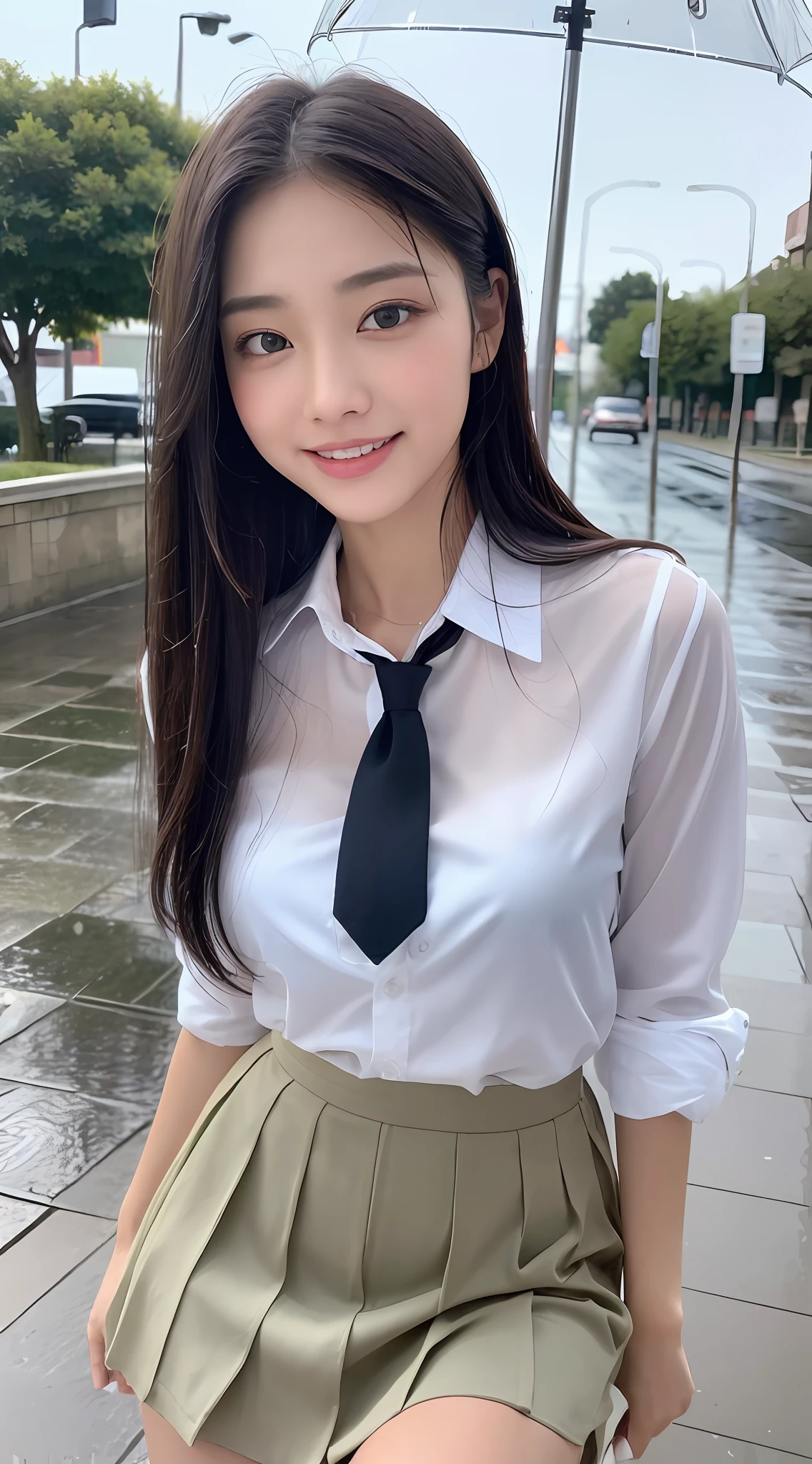 ((Top Quality, 8K, Masterpiece: 1.3)), (high detail: 1 in 1), (Focus on face),buttocks: 1.2, (Perfect Body Beauty: 1.4), ((Layered Haircut, Chest: 1.4)), (Rain:1.6), (in Street), (Wearing a (wet:1.4) white school Uniform with miniskirt and Loose Tie), Very detailed face and skin texture, narrow eyes, double eyelids, whitening skin, long hair, (Shut up: 1.3), smile,extra, real photo, psd, lamp film photography, sharp focus, contrast lighting, detailed skin, high resolution 8k, crazy detail, realistic, professional photography, 8k uhd, SLR camera, soft lighting, high quality, film grain, fujifilm XT3,