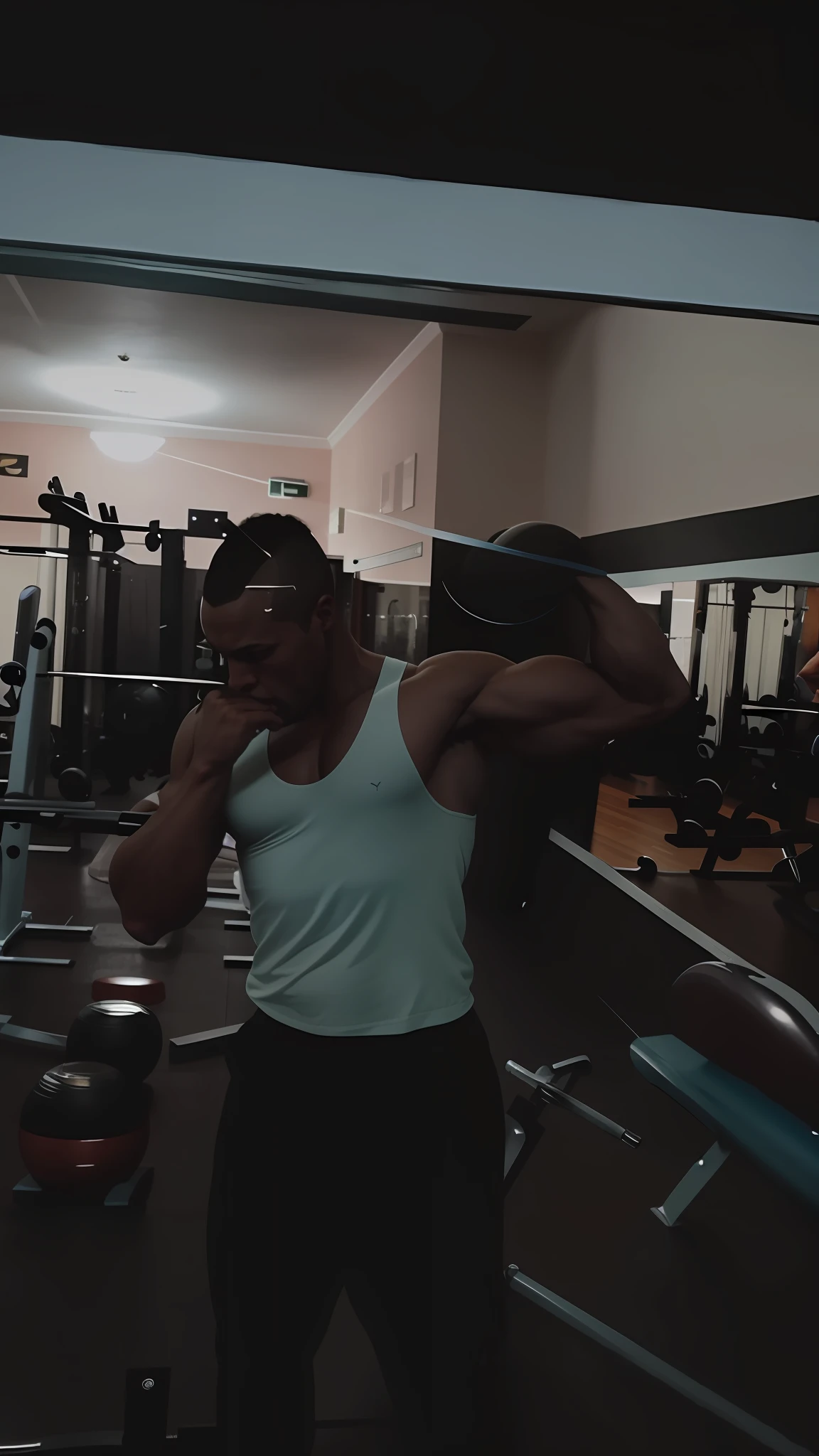 there is a man that is standing in a gym with a dumbble, working out, fit pic, in a gym, upper body!!, shoulders can be seen, muscles, lean but muscular, low quality photo, in shape, muscular!!!, posing and flexing, ifbb fitness body, in good physical shape, muscular!!, slender and muscular build, musculine