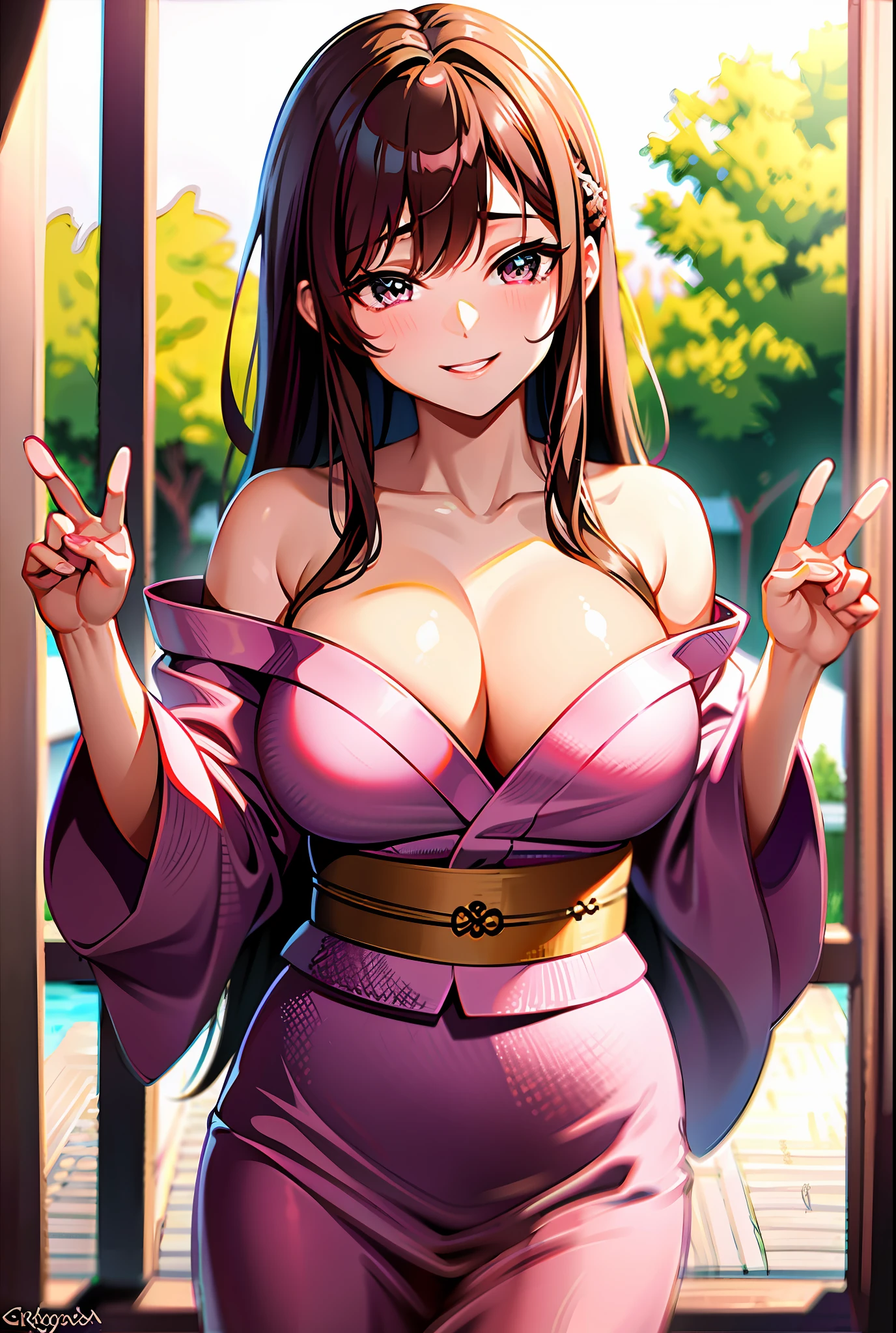8k, masterpiece, best quality, cowboy shot, brown long hair, pink ((yukata)), cleavage, shoulders, (erotic pose:1.4), smiling