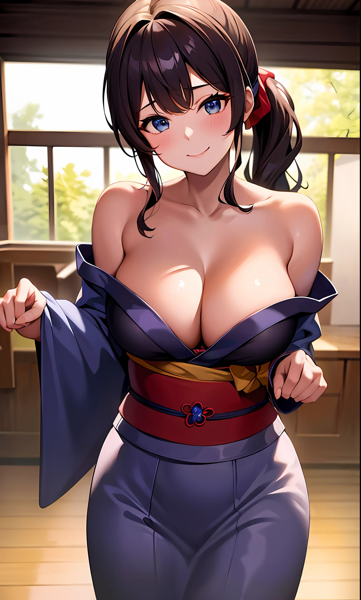 1girl, masterpiece, best quality, cowboy shot, brown ponytail, blue yukata, (cleavage, shoulders) , smiling, erotic pose, pov