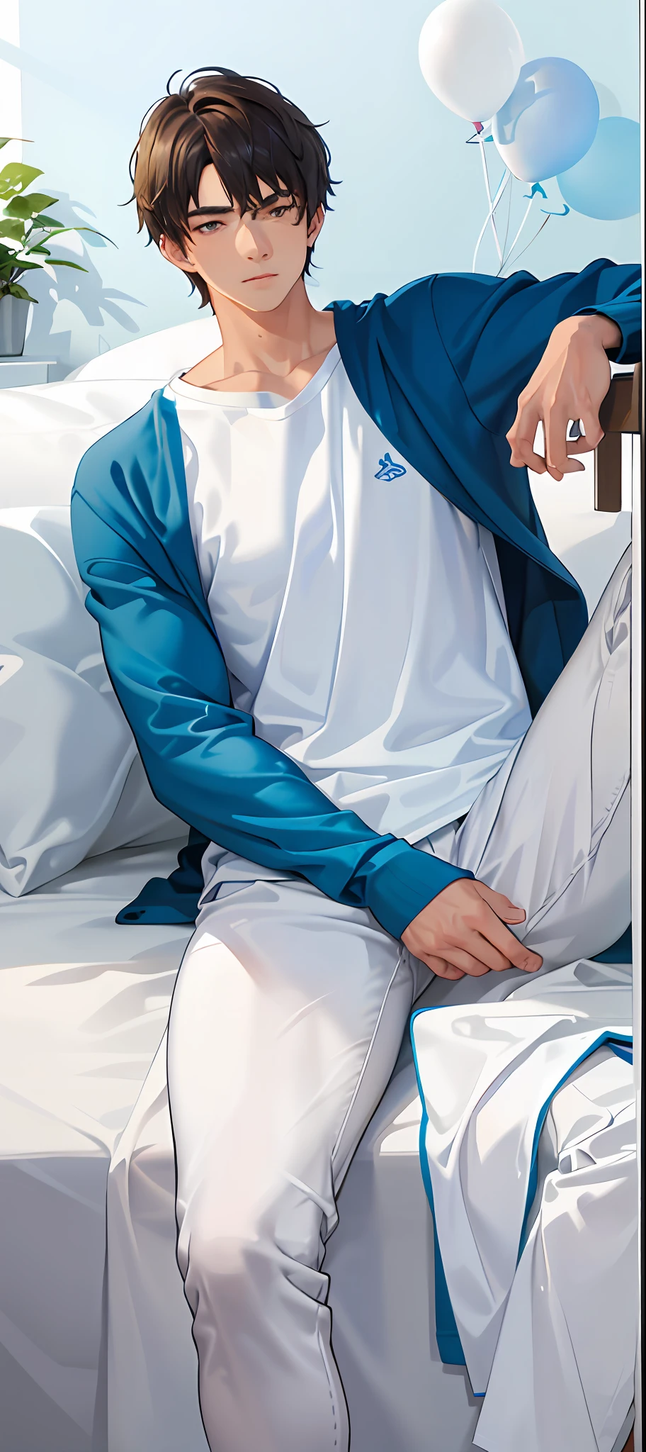 (College boy, cool) muscular lean body hidden, white shirt, blue coloured balloon-pant, no expression, detailed hands and legs and good face. Sitting and looking at camera. Bedroom scene with detailed ornamentation of walls.