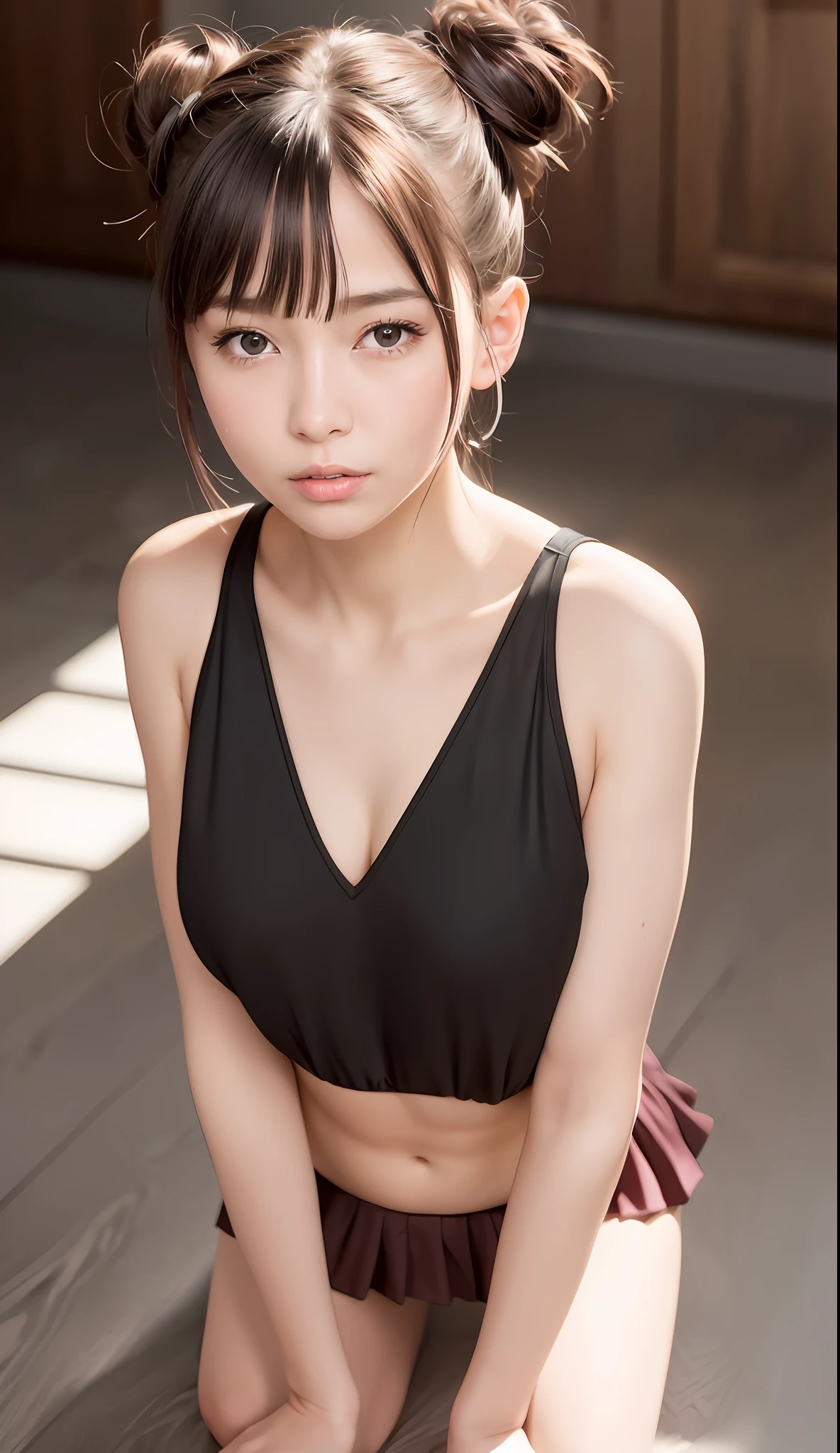 (RAW photo, best quality), (realistic, photo-realistic:1.3), best quality ,masterpiece, an extremely delicate and beautiful, extremely detailed ,CG ,unity ,2k wallpaper, Amazing, finely detail, masterpiece, light smile, best quality, extremely detailed CG unity 8k wallpaper, huge filesize , ultra-detailed, highres, extremely detailed, 1girl, slim body, small breasts, (black leotard top:0.7), (pink skirt:1.2), (bun hair), (brown hair), looking at looking at viewer, sharp focus, face close-up, nsfw,,,, pureerosface_v1:0.8 short hair,