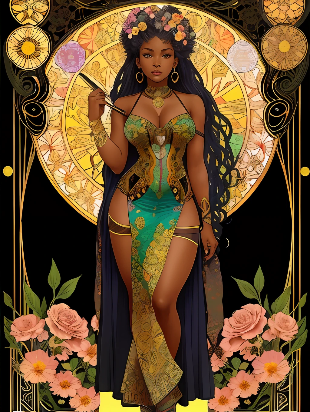 A full body portrait of a gorgeous black woman with flowers on her hair, tarot card, variscite, alphonse mucha, gustav klimt, anna dittmann, floral, art nouveau, illustration, hyperrealistic, line art, marker drawing, watercolor painting, african American woman
