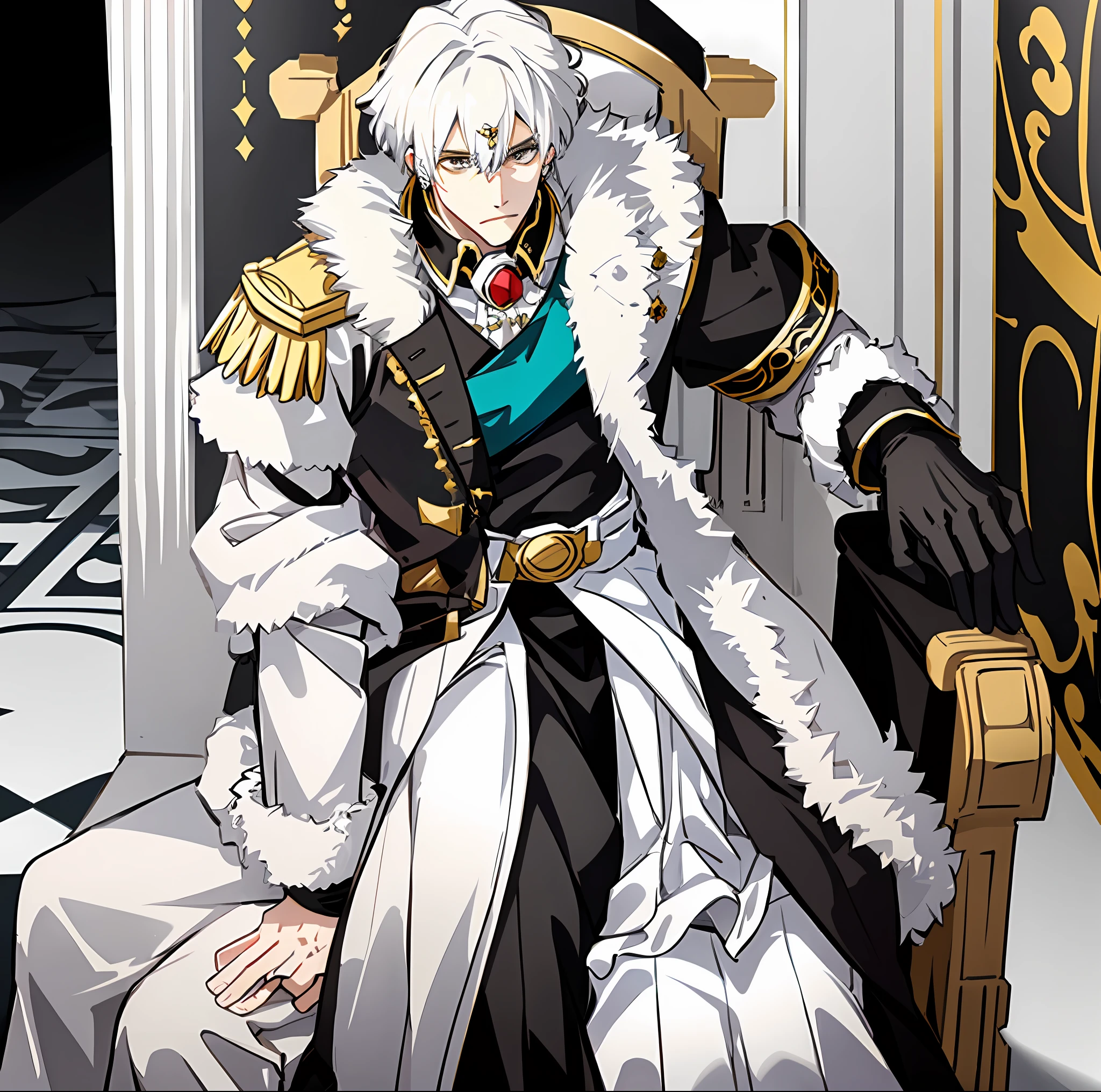 A grand king, white hair, black eyes, sitting on the throne, imperial white clothing, portrait