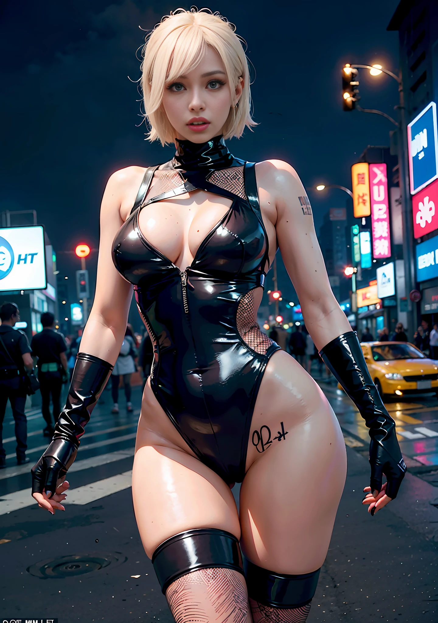 Nicki Minaj as Lucy from Cyberpunk Edgerunners, signature Lucy hair, signature Lucy outfit, short platinum blonde hair with bangs, cyborg arms, tattoos, with Fishnet on breasts, wearing revealing black techwear bodysuit, intriguing outfit, in a futuristic Neo-Tokyo, Ghost in the Shell, Gantz, Neon Genesis Evangelion, outside of a nightclub, neon kanji on signs, at night, full moon, midnight, well lit streets, no traffic, solo, 1girl, beautiful face, harajuku girl make-up, perfect body, perfect large shiny breasts, camel toe, perfect lighting, perfect composition, use advanced machine learning and data science to perfect the ideal image of Nicki Minaj as Lucy From Cyberpunk Edgerunners