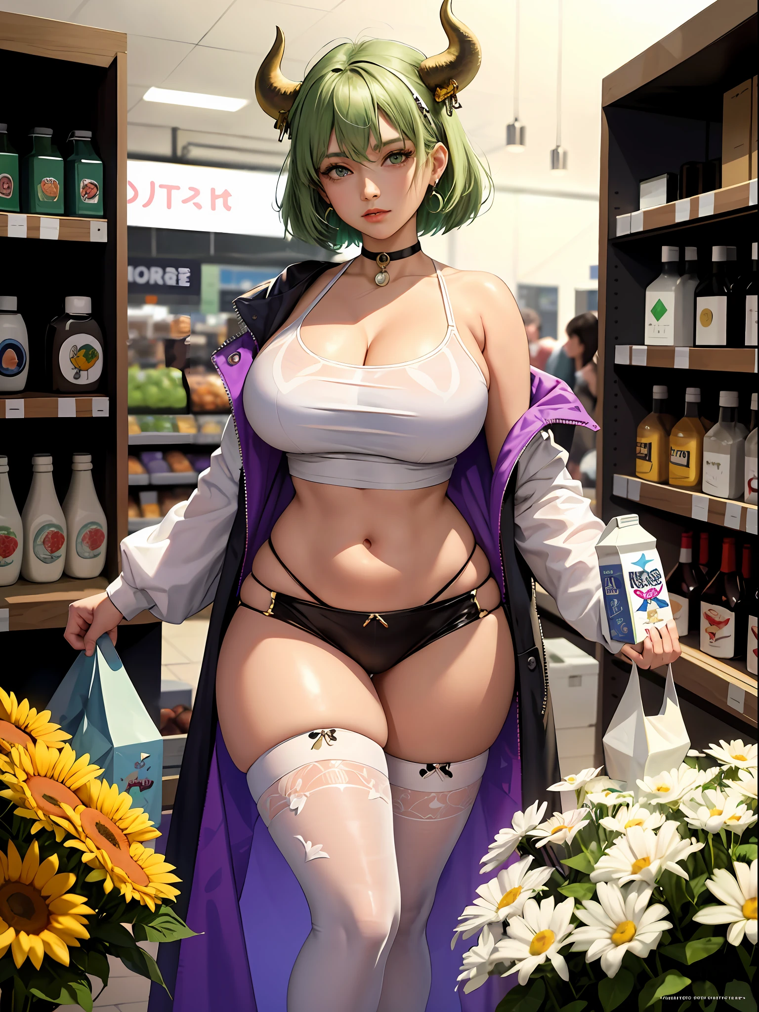 Hucow girl holding a big milk carton, masterpiece, candid photo, shy, short green hair, big eyes, (detailed face), curvy, enormous breasts, two symmetrical horns, white (tight shirt), crop top, cute open (cow pattern) jacket, choker with bell, (in a colorful supermarket), mature female, purple alien skin, thick thighs, earrings, high detail, ultra-detailed, retro, [big lips]