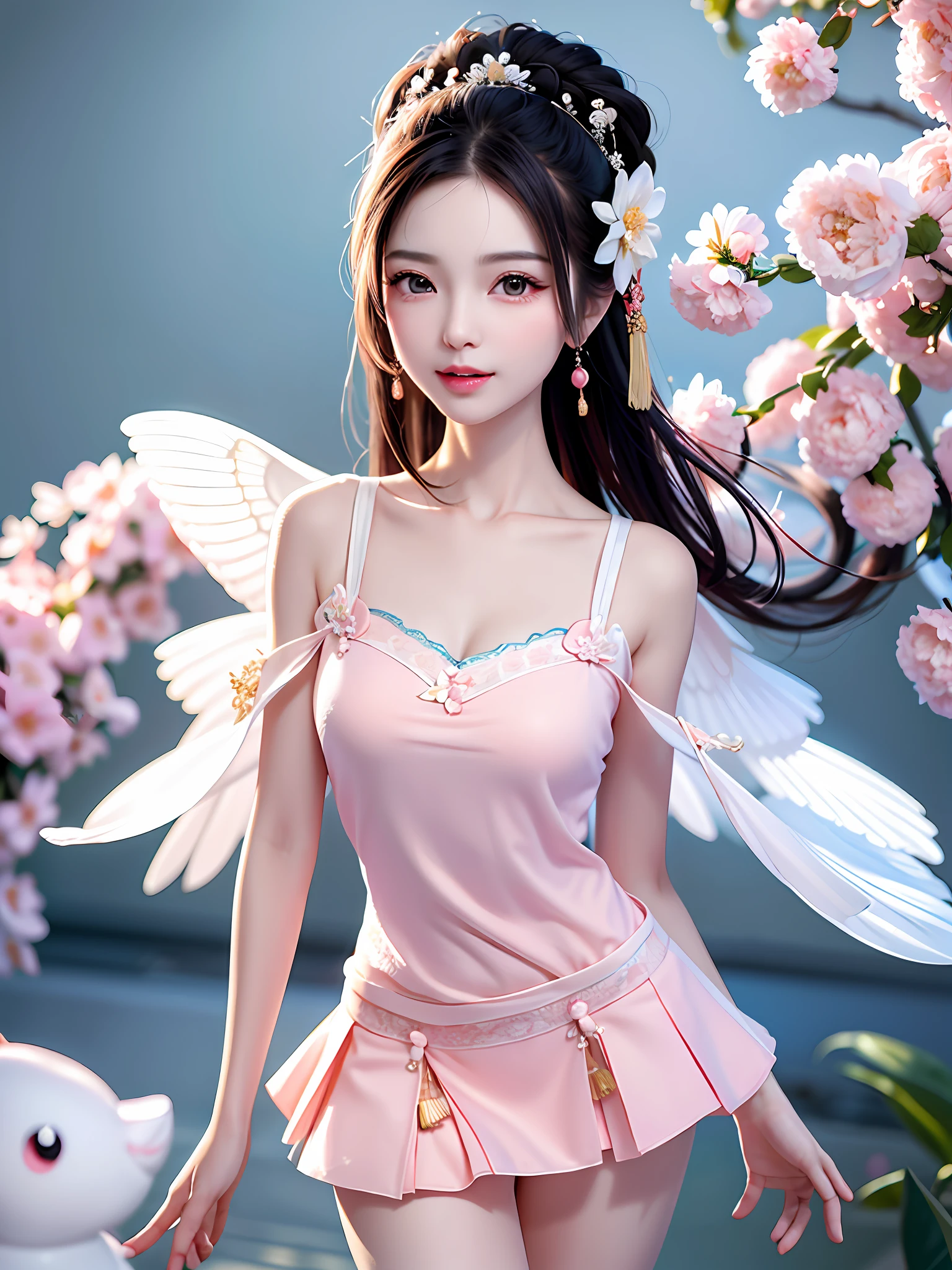 A gentle and lovely Chinese beautiful woman, delicate and sexy collarbone, charming goose egg face, double eyelids, smart peach blossom eyes, pink lips, small upturned nose, bare shoulders, focused face, face close-up, ultra HD, super detail, full body photo, ultra-thin light transmission optimal ratio four fingers and one thumb, JK miniskirt