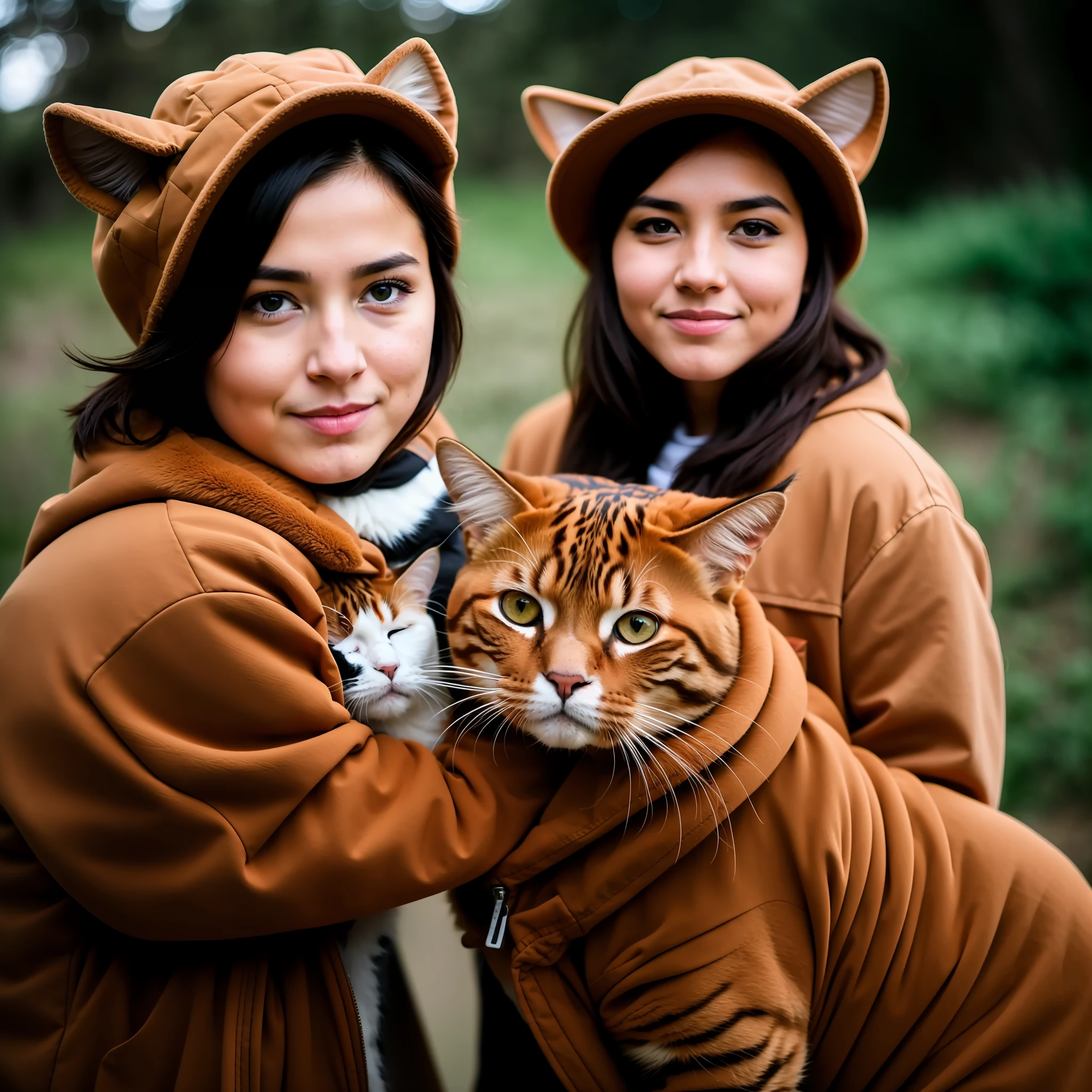 RAW Photography, Animals, [man: cat: 2] Portrait photo in humanoid clothing, face, 8K UHD, DSLR, soft lighting, high quality, film grain, fujifilm XT3