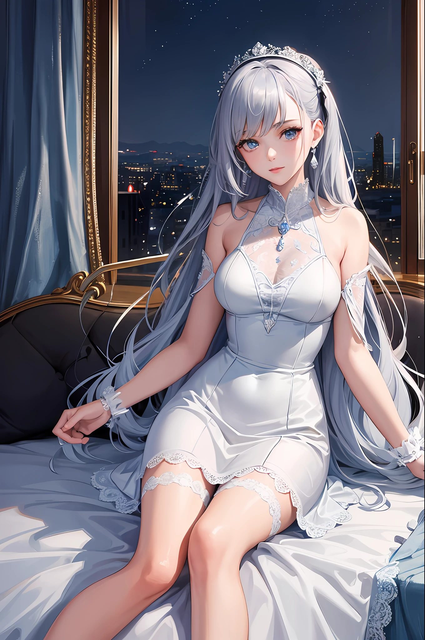 ((masterpiece, best quality)),
St. Louis\(Luxury Wheels\) \(Azure Lane\), high resolution, highest quality, illustration, cinematic light, ultra detailed, detailed face, (detailed eyes), best quality, ultra detailed, masterpiece, (detailed face), room, hair accessory, earrings, necklace, portrait, silver dress, revealing clothes, highest detail, glowing eyes, (hotel:1.2), sitting on bed, sitting, bed, window, night sky, backlight, light, (high contrast), (colored), full body, legs,
