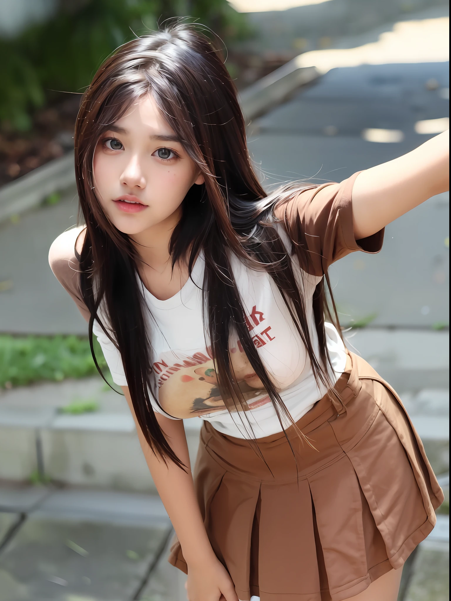 1 girl, solo, brown eyes, brown hair, long hair, staring at viewer, school uniform, masterpiece, upper body