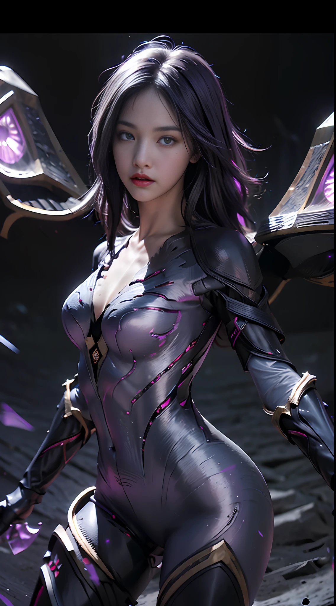 (masterpiece:1.3), (8k, photorealistic, RAW photo, best quality: 1.4), (1girl), beautiful face, (realistic face)cinematic lighting, stereogram, UHD, masterpiece, ccurate, super detail, Award Winning, Best Quality, Highres, 16K League of Legends, 1Girl, Characters: (Void Wings), (Mysterious Temperament), (Black Wings), (Black Cloak), (Deep Eyes), (Dark Armor), (Purple Magic Pattern)

Movements & Stances: (Flying Levitation), (Hands Magic), (Void Energy Surge), (Purple Energy Burst), (Mysterious Vortex Surrounding), (Majestic Gaze), (Void Rift Opens), (Mysterious Stance)

Magic Scene: (Dark Void Warp), (Mystic Rune Stone Pillar), (Flashing Purple Energy Chain), (Void Warp Crack), (Mystic Magic Array), (Purple Energy Vortex), (Mystic Dark Aura), (Mystic Magic Rune)

Environment Atmosphere: (Dark Void Air Breath), (Magic Energy Diffuse), (Void Power Surge), (Purple Magic Radiance), (Mysterious Dark Atmosphere), (Void Energy Vortex), (Mysterious Magic Energy Resonance), (Mysterious Void Sound)

Visual Effects: (Purple Energy Light Bloom), (Void Rune Flicker), (Magic Energy Fluctuation), (Void Warp Effect), (Purple Energy Staggered Texture), (Strong Contrast Effect), (Dark Magic Light), (Void Energy Surge)