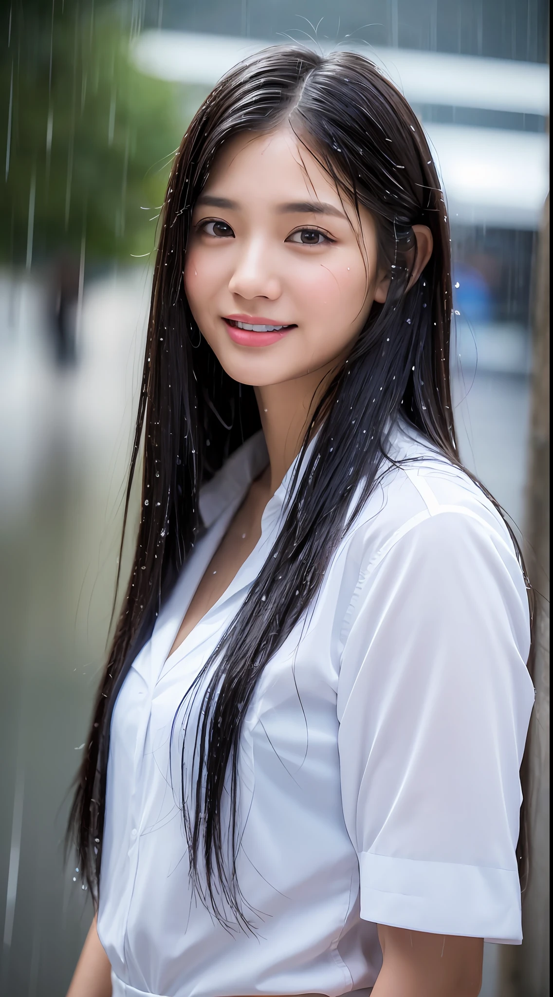 ((Top Quality, 8K, Masterpiece: 1.3)), (high detail: 1 in 1), (Focus on face),buttocks: 1.2, (Perfect Body Beauty: 1.4), ((Layered Haircut, Chest: 1.4)), (Rain:1.6), (in Street), (Wearing a (wet:1.4) white school Uniform with miniskirt and Loose Tie), Very detailed face and skin texture, narrow eyes, double eyelids, whitening skin, long hair, (Shut up: 1.3), smile,extra, real photo, psd, lamp film photography, sharp focus, contrast lighting, detailed skin, high resolution 8k, crazy detail, realistic, professional photography, 8k uhd, SLR camera, soft lighting, high quality, film grain, fujifilm XT3,