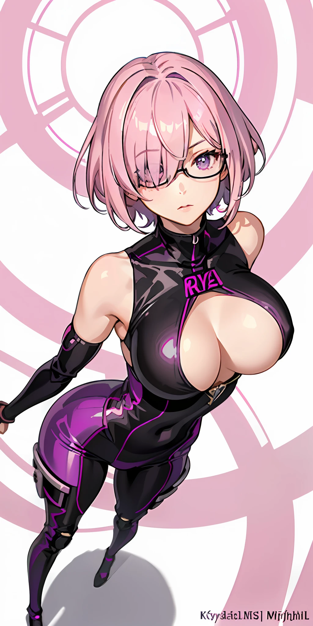 masterpiece, best quality, ultra-detailed, illustration,(1girl),(((mash kyrielight))),pink hair, short hair, purple eyes,((hair over one eye)),black glasses,(((race queen))), beautiful detailed eyes, looking at viewer, close up, (breast focus), pink hair, shy, 14years old, full body, Motor Racetrack, (sleeveless)
