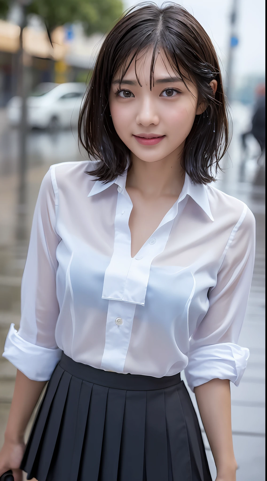 ((Top Quality, 8K, Masterpiece: 1.3)), (high detail: 1 in 1), (Focus on face),buttocks: 1.2, (Perfect Body Beauty: 1.4), ((Layered Haircut, Chest: 1.4)), (Rain:1.6), (in Street), (Wearing a (wet:1.4) white school Uniform with miniskirt and Loose Tie), Very detailed face and skin texture, narrow eyes, double eyelids, whitening skin, long hair, (Shut up: 1.3), smile,extra, real photo, psd, lamp film photography, sharp focus, contrast lighting, detailed skin, high resolution 8k, crazy detail, realistic, professional photography, 8k uhd, SLR camera, soft lighting, high quality, film grain, fujifilm XT3,