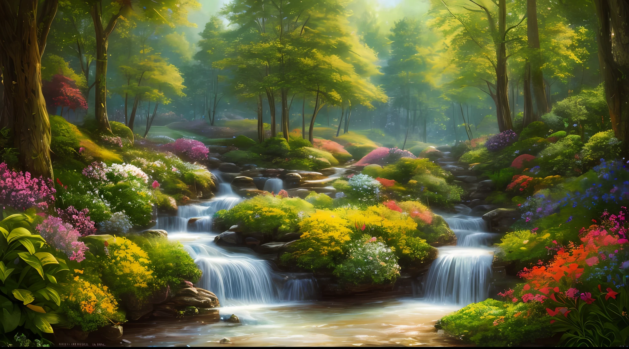 masterpiece, best quality, high quality, extremely detailed 8k wallpaper of CG unit, a charming and dreamy scene of a fantasy forest, with tall trees, houses, mountains, waterfall, bright mushrooms and hidden fairy valleys, creating a sense of mystique and enchantment, artistic station, digital illustration, intricate, trend, pastel colors, oil painting, award-winning photography, Bokeh, depth of field, HDR, flower, chromatic aberration, photorealistic, extremely detailed, trend in artstation, trend in CGsociety, intricate, high detail, dramatic, art in the middle of the journey