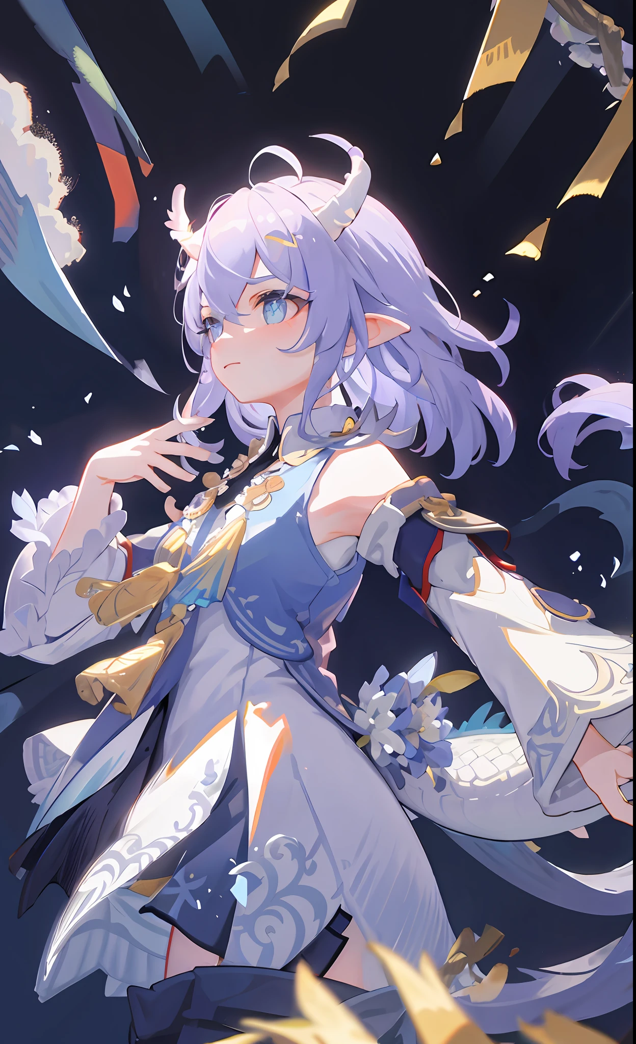 (Masterpiece), (Excellent), (Extremely Fine), White Dew, Square, Spectator, Dragon's Tail Horns, Upper Body, Flowers, Streamers, Clouds,