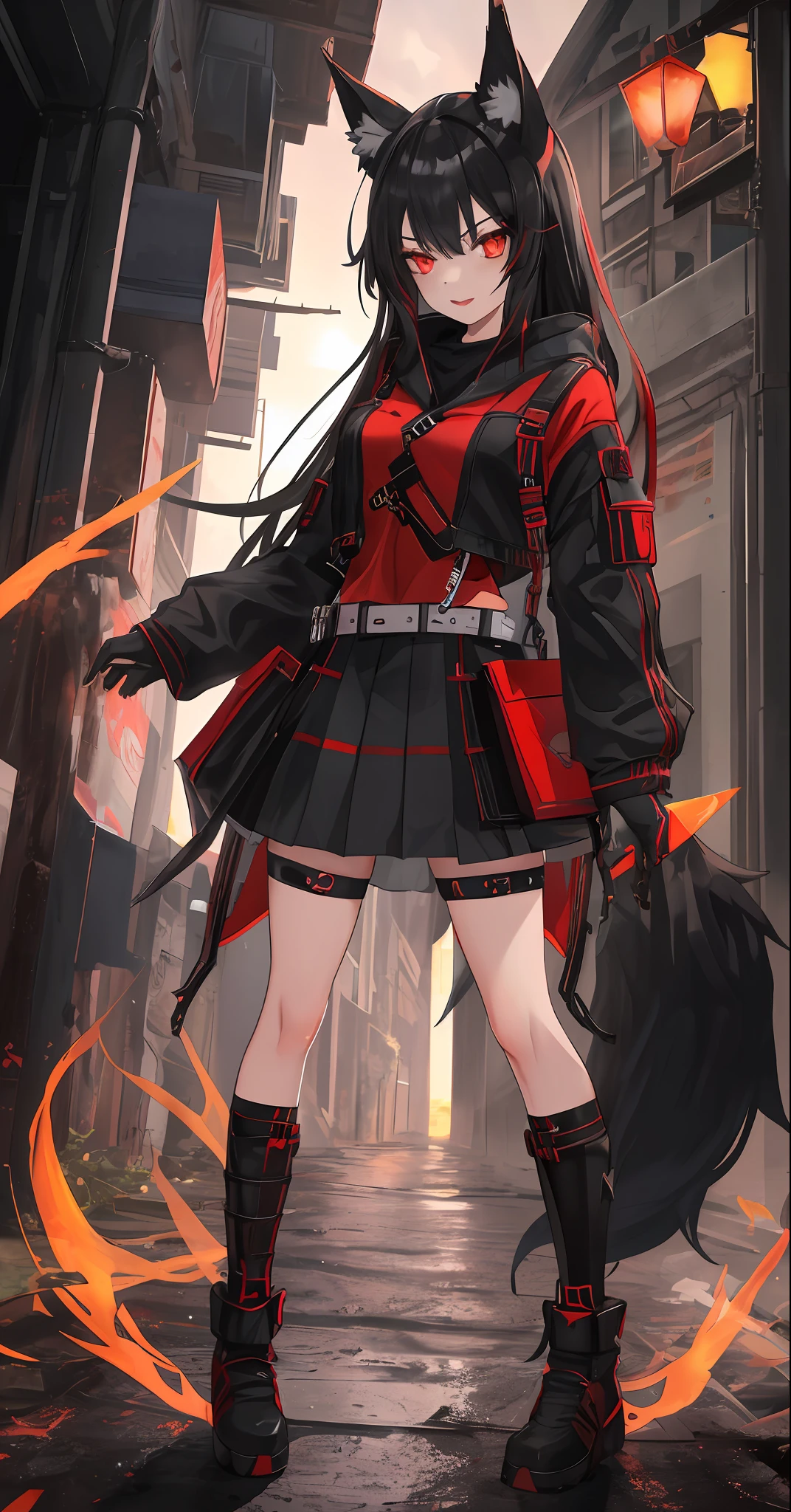 1girl, black hair, red eyes, wolf ears, wolf tail, HD, vibrant, masterpiece, best quality, slim, toned, dead expression, full body view, tall, glowing eyes, heroic stance