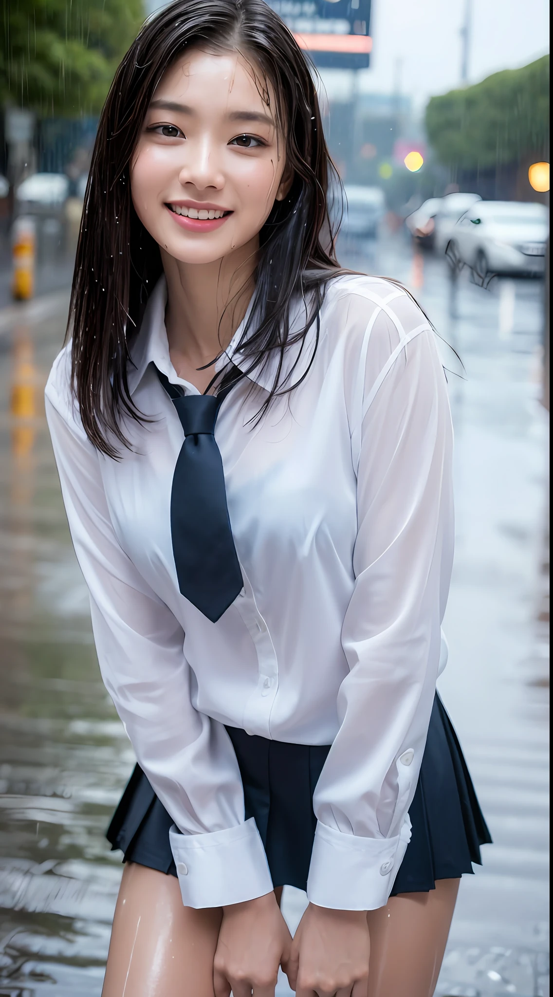((Top Quality, 8K, Masterpiece: 1.3)), (high detail: 1 in 1), (Focus on face),buttocks: 1.2, (Perfect Body Beauty: 1.4), ((Layered Haircut, Chest: 1.4)), (Rain:1.6), (in Street), (Wearing a (wet:1.4) white school Uniform with miniskirt and Loose Tie), Very detailed face and skin texture, narrow eyes, double eyelids, whitening skin, long hair, (Shut up: 1.3), smile,extra, real photo, psd, lamp film photography, sharp focus, contrast lighting, detailed skin, high resolution 8k, crazy detail, realistic, professional photography, 8k uhd, SLR camera, soft lighting, high quality, film grain, fujifilm XT3,