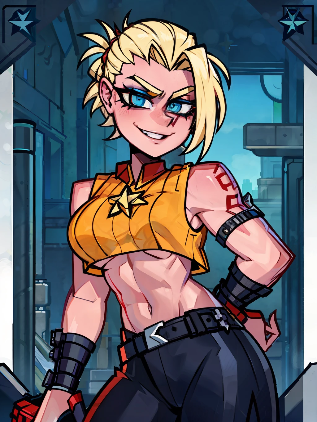 masterpiece, best quality, portrait photograph of a gorgeous blond sexy mature female rebel soldier with punk shaved hair and (muscular thighs), wearing a short cropped sheer tank top showcasing (underboob:1.2), snake leather trousers, a communist red star tattoo on her forehead, smiling cheerily while looking at viewer, posing for a picture, in a battlefield, (Instagram:1.3)