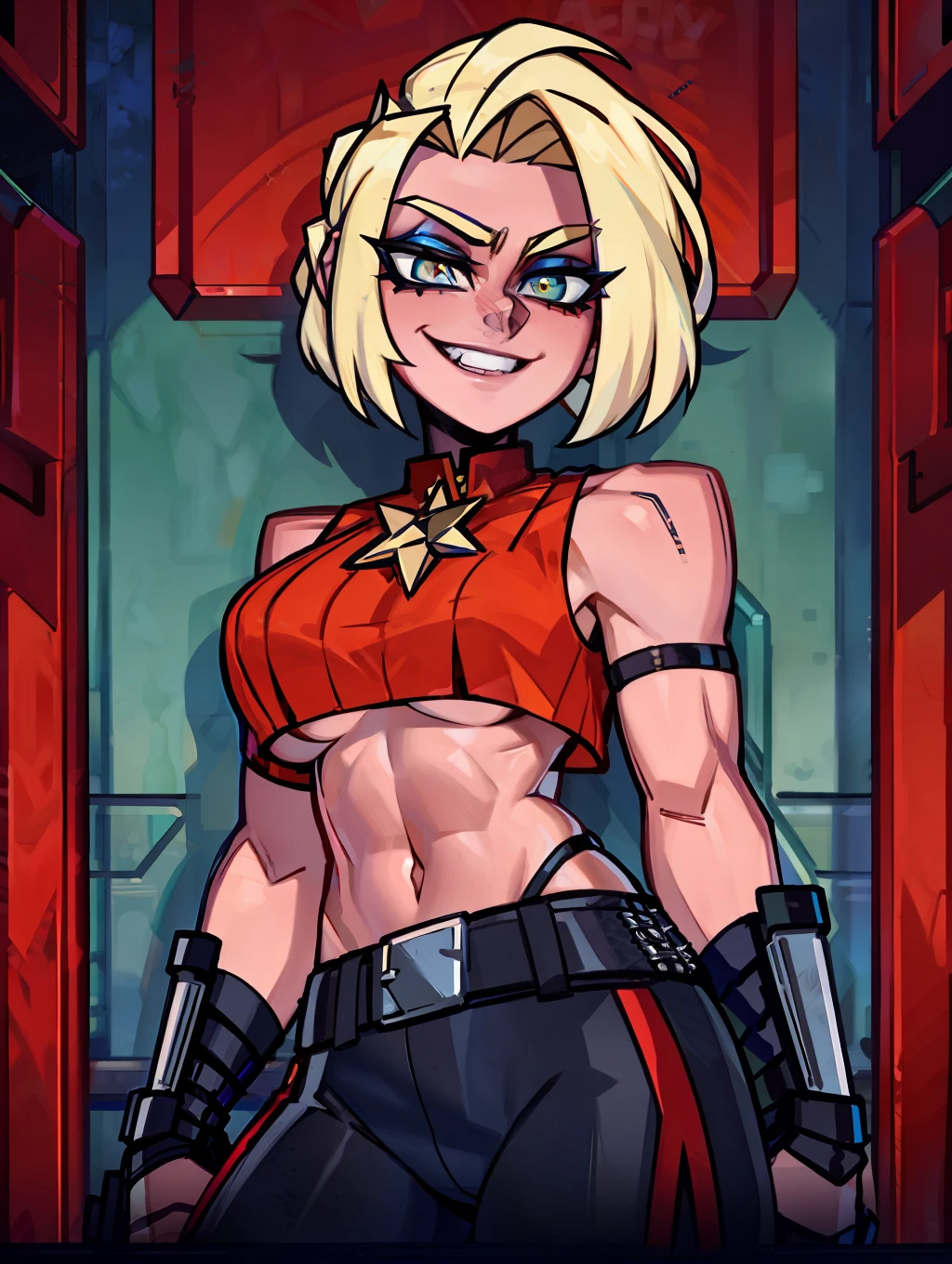 masterpiece, best quality, portrait photograph of a gorgeous blond sexy mature female rebel soldier with punk shaved hair and (muscular thighs), wearing a short cropped sheer tank top showcasing (underboob:1.2), snake leather trousers, a communist red star tattoo on her forehead, smiling cheerily while looking at viewer, posing for a picture, in a battlefield, (Instagram:1.3)