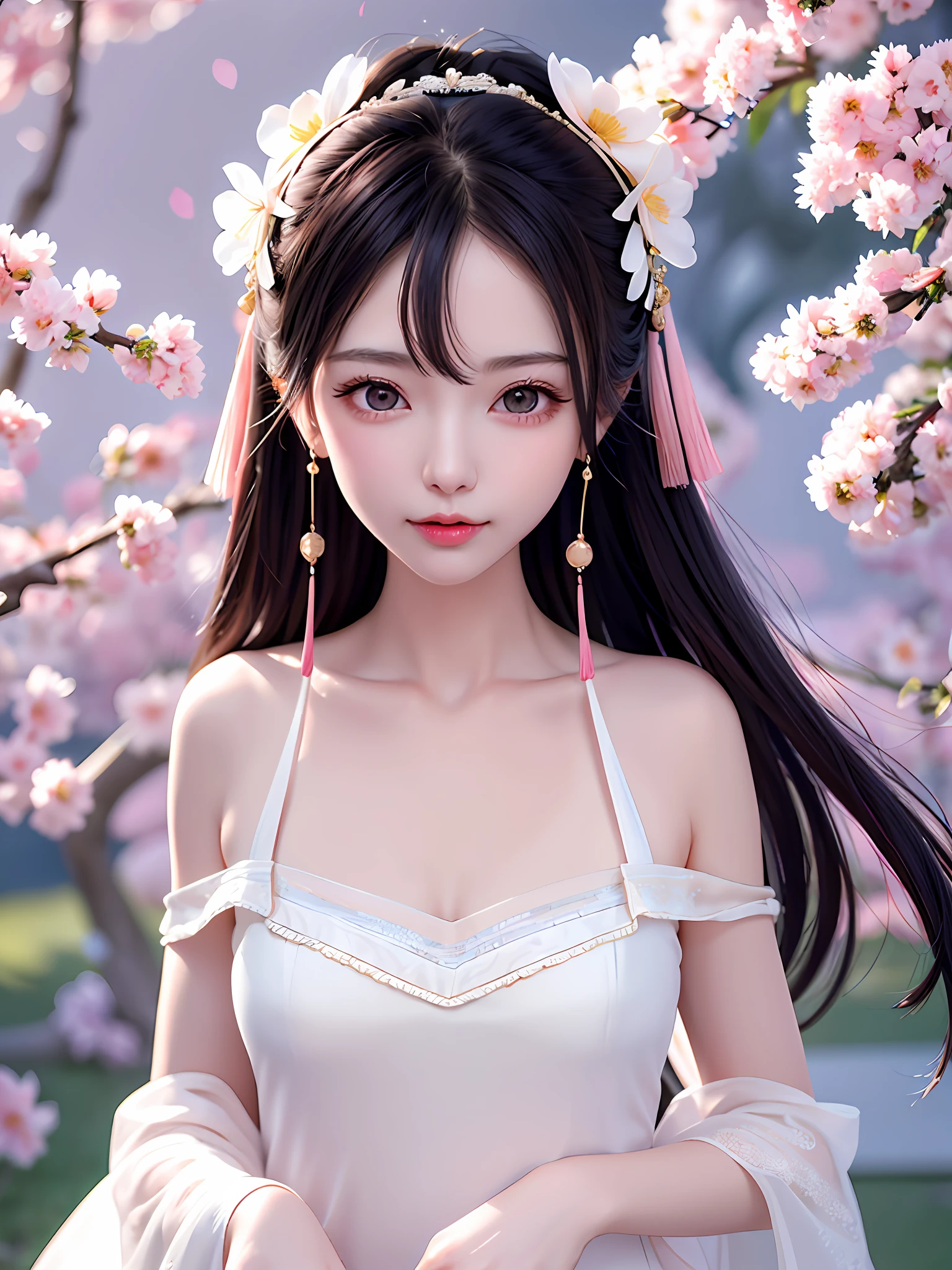 A gentle and lovely Chinese beautiful woman, delicate and sexy collarbone, charming goose egg face, double eyelids, smart peach blossom eyes, pink lips, small upturned nose, bare shoulders, focused face, face close-up, ultra HD, super detail, full body photo, ultra-thin light transmission optimal ratio four fingers and one thumb, JK miniskirt