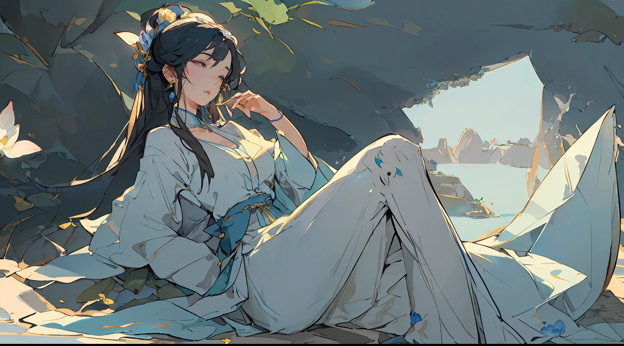 (Masterpiece, super detailed, freehand) An ancient Chinese beauty fell asleep on a stone, delicate facial features, melancholy temperament, wearing ancient Chinese clothing, flowing blue tulle, light silk, lazy posture, large lotus leaves, lotus flowers, ink painting style, clean colors, decisive cutting, white space, high quality, high resolution, 4K, epic composition