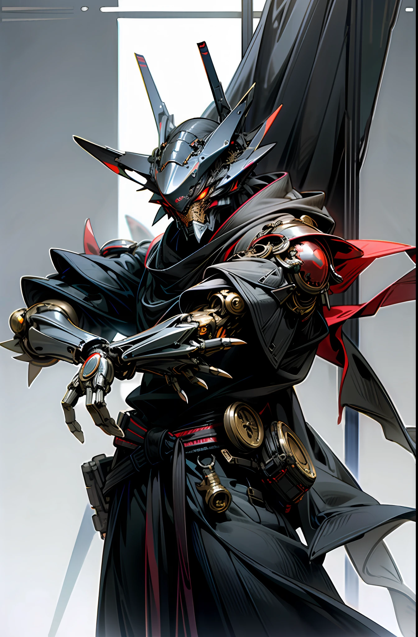 Dark_Fantasy,Cyberpunk,1manMechanical marvel,Robotic presence,Cybernetic guardian, samurai mechanical armour, katana on the waist, absolutely stunning art,wearing a black cloak, highest quality art, highest resolution, hyper detailed,black and red, futuristic, samurai robot, atmospheric,8k,64k, HD, unparalleled masterpiece, dynamic lighting, cinematic, epic