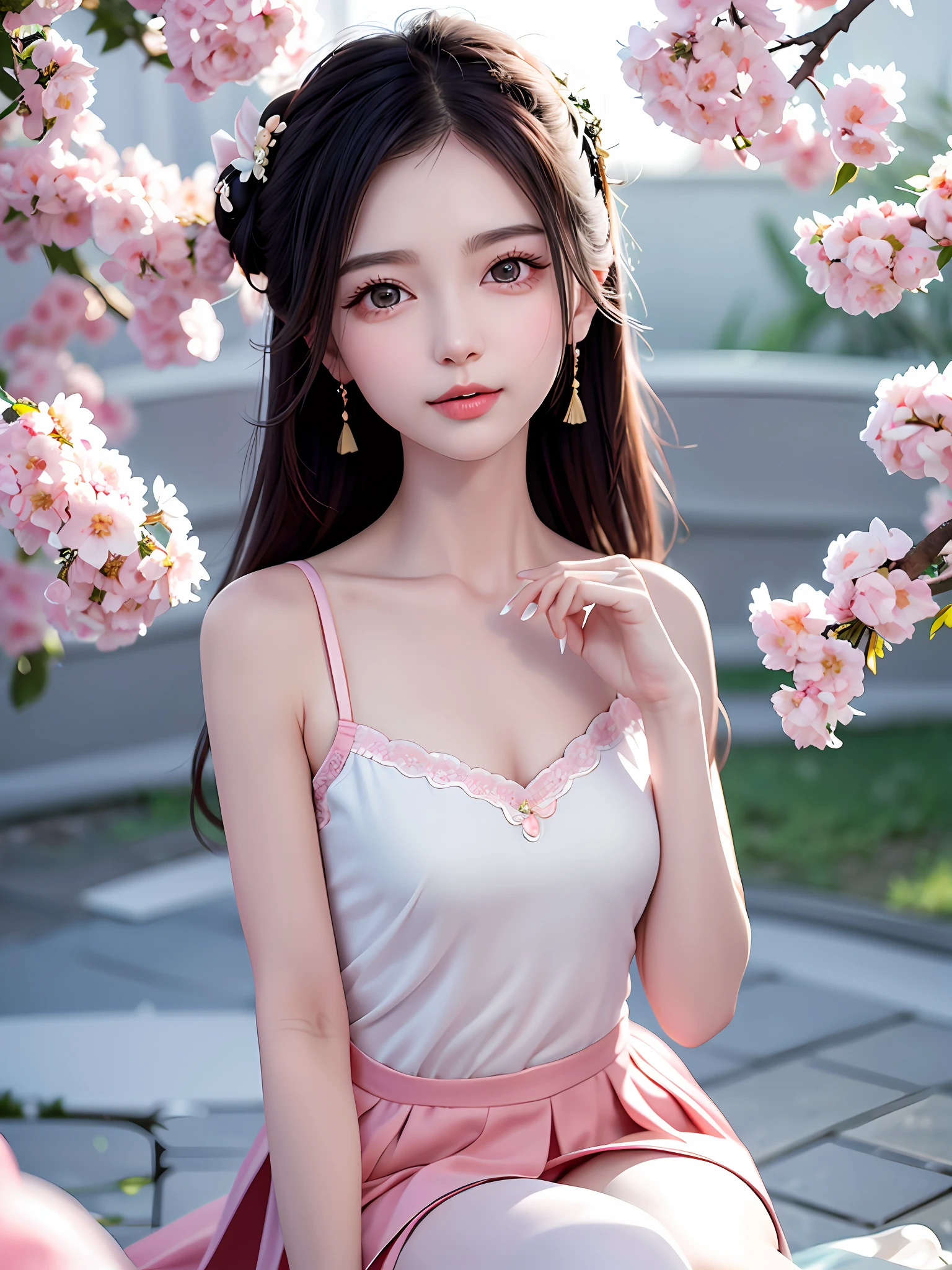 A gentle and lovely Chinese beautiful woman, delicate and sexy collarbone, charming goose egg face, double eyelids, smart peach blossom eyes, pink lips, small upturned nose, bare shoulders, focused face, face close-up, ultra HD, super detail, full body photo, ultra-thin light transmission optimal ratio four fingers and one thumb, JK miniskirt, elegantly sitting
