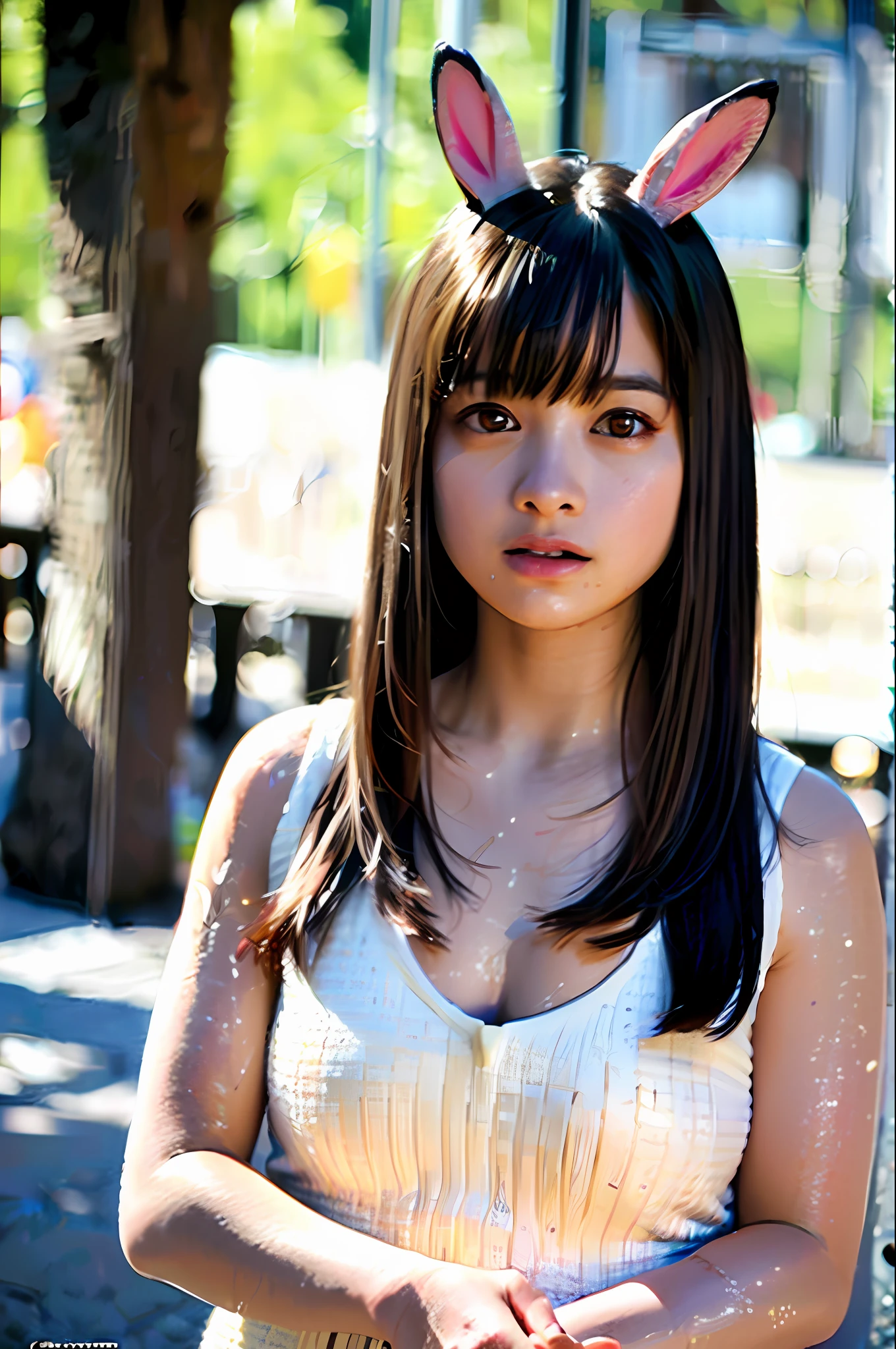 Top Quality, Masterpiece, Ultra High Definition, (Photorealistic: 1.4), Raw Photo, 1 Girl, Dark Hair, Glossy Skin, WET BODY, Dramatic Lighting, Full Body,, Bunny Girl, Colossal