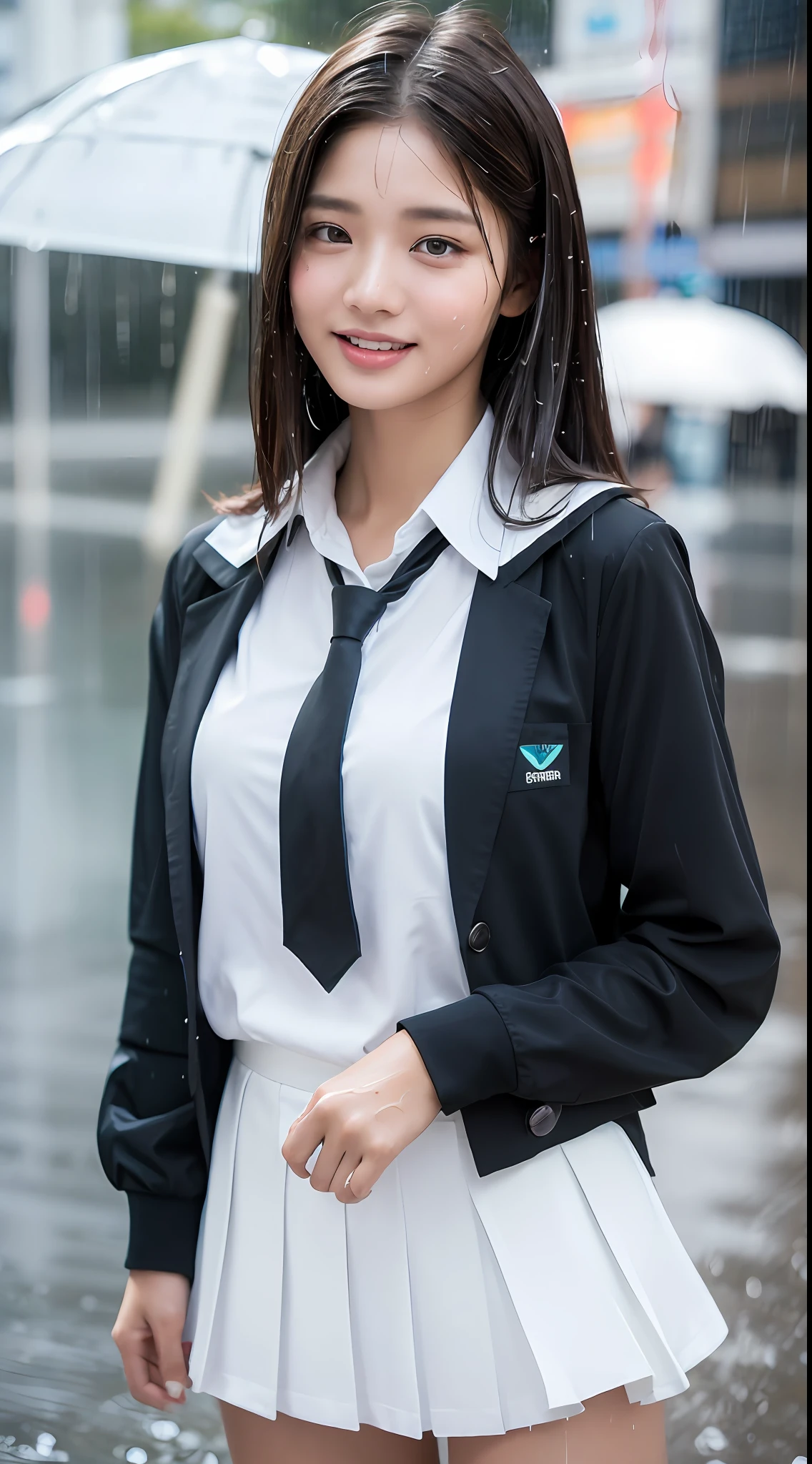 ((Top Quality, 8K, Masterpiece: 1.3)), (high detail: 1 in 1), (Focus on face),buttocks: 1.2, (Perfect Body Beauty: 1.4), ((Layered Haircut, Chest: 1.4)), (Rain:1.6), (in Street), (Wearing a (wet:1.4) white school Uniform with miniskirt and Loose Tie), Very detailed face and skin texture, narrow eyes, double eyelids, whitening skin, long hair, (Shut up: 1.3), smile,extra, real photo, psd, lamp film photography, sharp focus, contrast lighting, detailed skin, high resolution 8k, crazy detail, realistic, professional photography, 8k uhd, SLR camera, soft lighting, high quality, film grain, fujifilm XT3,