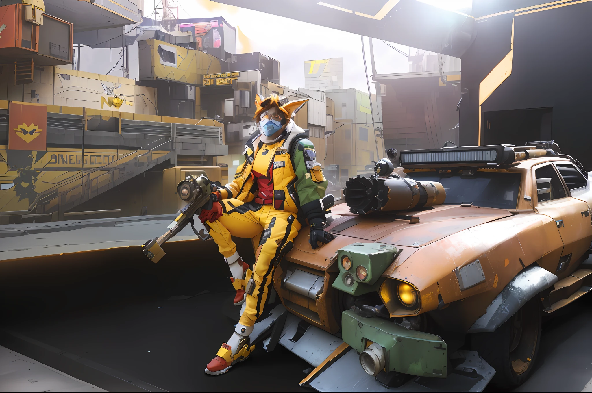 there is a man in a yellow suit sitting on a car, discarded mechsuit in background, as overwatch character, as an overwatch character, loba andrade from apex legends, junker queen from overwatch, cyberpunk bee, from overwatch, in style of apex legends, wearing red and yellow hero suit, military chris foss, an anthropomorphic cyberpunk fox