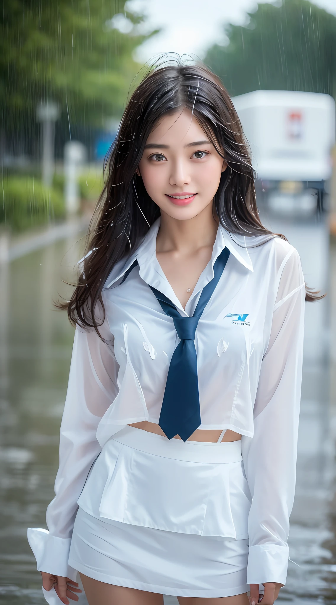 ((Top Quality, 8K, Masterpiece: 1.3)), (high detail: 1 in 1), (Focus on face),buttocks: 1.2, (Perfect Body Beauty: 1.4), ((Layered Haircut, Chest: 1.4)), (Rain:1.6), (in Street), (Wearing a (wet:1.4) white school Uniform with miniskirt and Loose Tie), Very detailed face and skin texture, narrow eyes, double eyelids, whitening skin, long hair, (Shut up: 1.3), smile,extra, real photo, psd, lamp film photography, sharp focus, contrast lighting, detailed skin, high resolution 8k, crazy detail, realistic, professional photography, 8k uhd, SLR camera, soft lighting, high quality, film grain, fujifilm XT3,