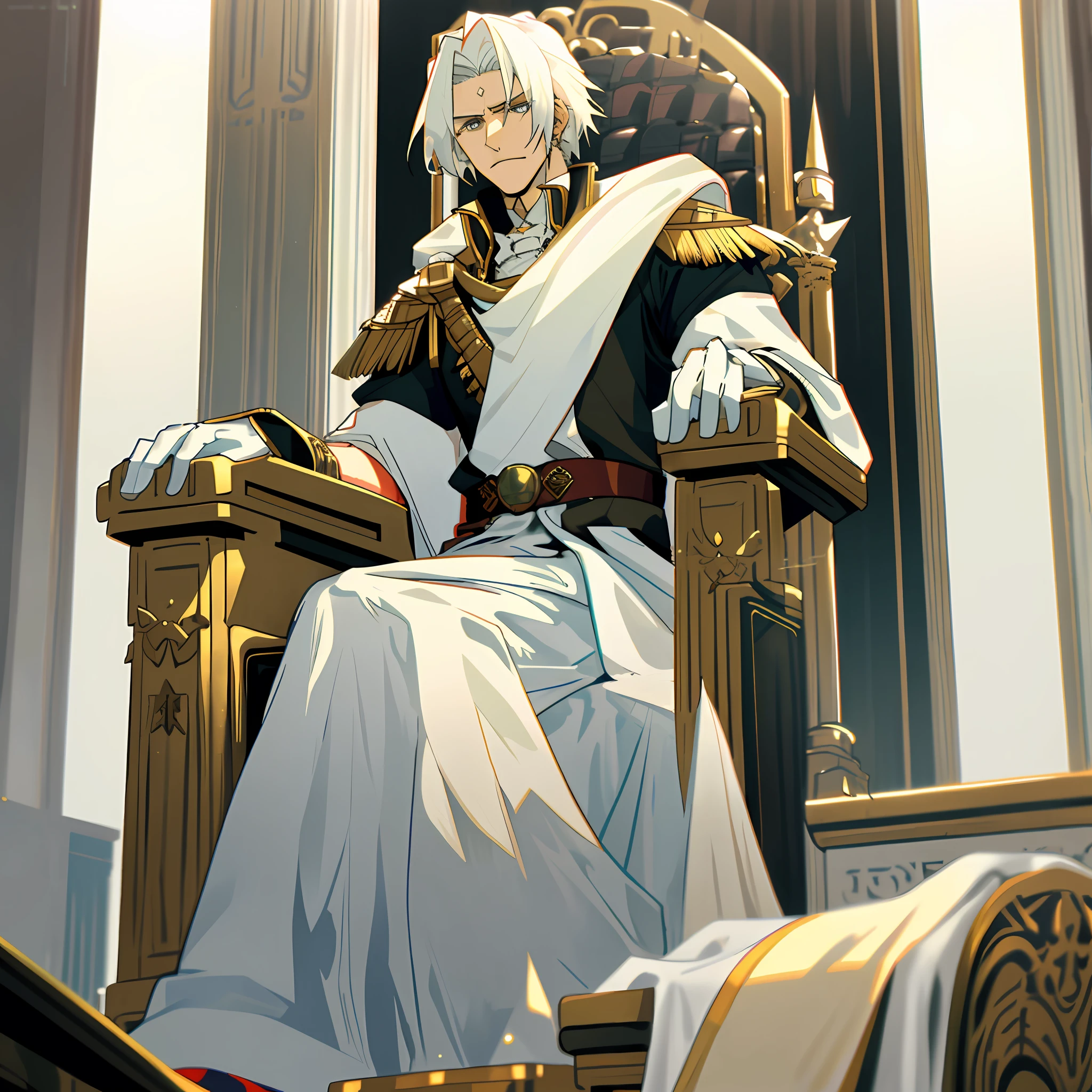 A king, white hair, sitting on the throne with white imperial cloth