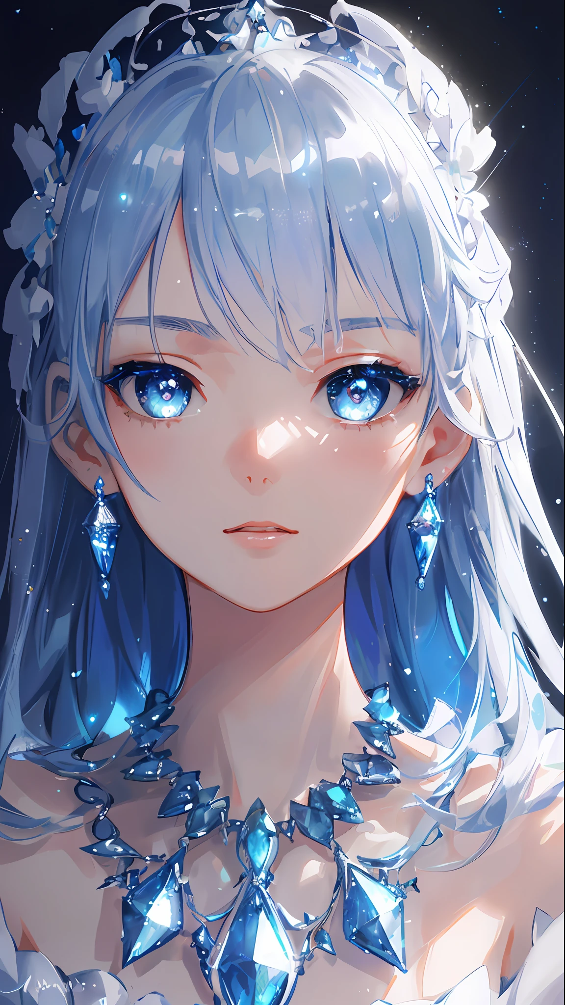 masterpiece, best quality, illustration, sax blue, platinum earrings, platinum necklace, white dress, 1girl, cute, (dynamic lighting:1.2), cinematic lighting, delicate facial features, detailed eyes, sharp pupils, realistic pupils, depth of field, bokeh, sharp focus, (hyper-detailed, bloom, glow:1.4), many small gems