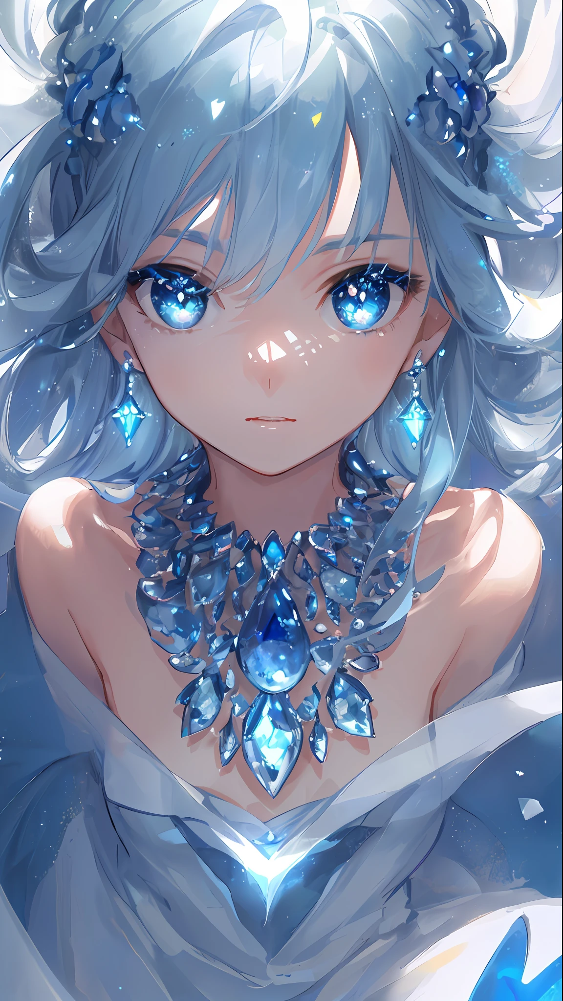 masterpiece, best quality, illustration, sax blue, platinum earrings, platinum necklace, white dress, 1girl, cute, (dynamic lighting:1.2), cinematic lighting, delicate facial features, detailed eyes, sharp pupils, realistic pupils, depth of field, bokeh, sharp focus, (hyper-detailed, bloom, glow:1.4), many small gems