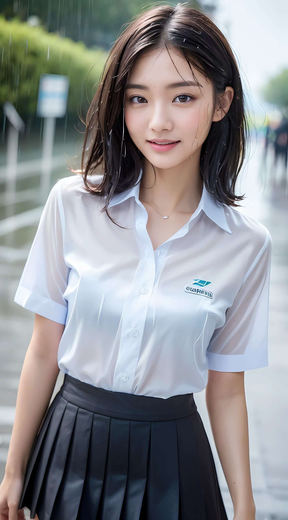 ((Top Quality, 8K, Masterpiece: 1.3)), (high detail: 1 in 1), (Focus on face),buttocks: 1.2, (Perfect Body Beauty: 1.4), ((Layered Haircut, Chest: 1.4)), (Rain:1.6), (in Street), (Wearing a (wet:1.4) white school Uniform with miniskirt and Loose Tie), Very detailed face and skin texture, narrow eyes, double eyelids, whitening skin, long hair, (Shut up: 1.3), smile,extra, real photo, psd, lamp film photography, sharp focus, contrast lighting, detailed skin, high resolution 8k, crazy detail, realistic, professional photography, 8k uhd, SLR camera, soft lighting, high quality, film grain, fujifilm XT3,