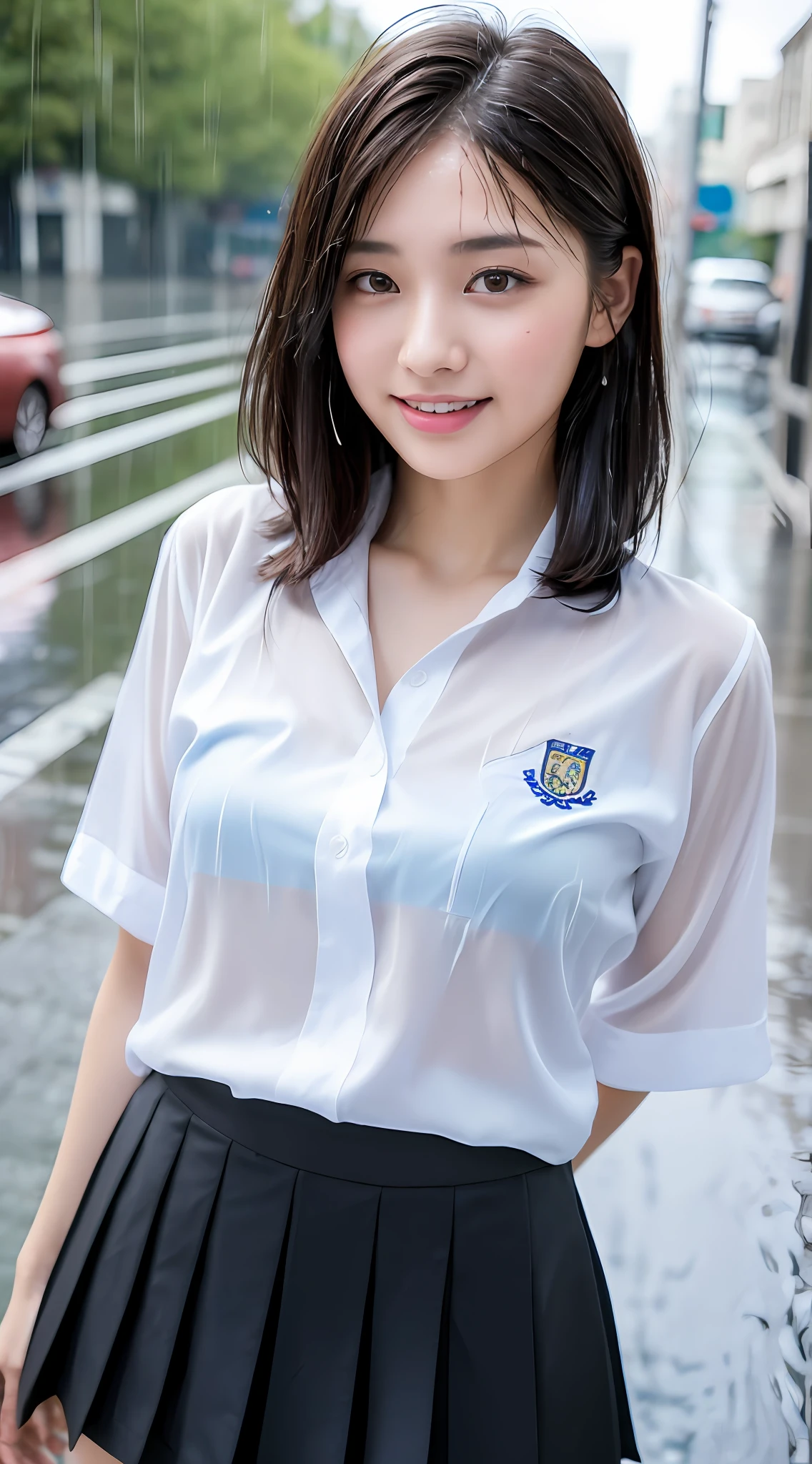 ((Top Quality, 8K, Masterpiece: 1.3)), (high detail: 1 in 1), (Focus on face),buttocks: 1.2, (Perfect Body Beauty: 1.4), ((Layered Haircut, Chest: 1.4)), (Rain:1.6), (in Street), (Wearing a (wet:1.4) white school Uniform with miniskirt and Loose Tie), Very detailed face and skin texture, narrow eyes, double eyelids, whitening skin, long hair, (Shut up: 1.3), smile,extra, real photo, psd, lamp film photography, sharp focus, contrast lighting, detailed skin, high resolution 8k, crazy detail, realistic, professional photography, 8k uhd, SLR camera, soft lighting, high quality, film grain, fujifilm XT3,