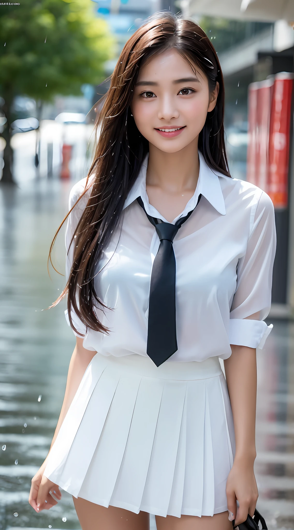 ((Top Quality, 8K, Masterpiece: 1.3)), (high detail: 1 in 1), (Focus on face),buttocks: 1.2, (Perfect Body Beauty: 1.4), ((Layered Haircut, Chest: 1.4)), (Rain:1.6), (in Street), (Wearing a (wet:1.4) white school Uniform with miniskirt and Loose Tie), Very detailed face and skin texture, narrow eyes, double eyelids, whitening skin, long hair, (Shut up: 1.3), smile,extra, real photo, psd, lamp film photography, sharp focus, contrast lighting, detailed skin, high resolution 8k, crazy detail, realistic, professional photography, 8k uhd, SLR camera, soft lighting, high quality, film grain, fujifilm XT3,
