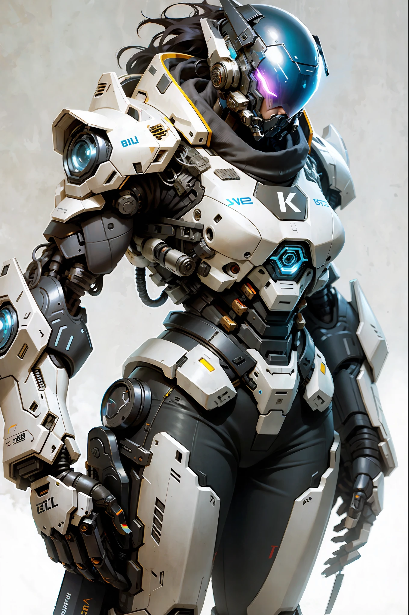 1 woman inside a huge bulky exoskeleton  robot  , ((bulky)) armor,  mecha, 
ink, clean lines,  negative space, high contrast, gradient color,