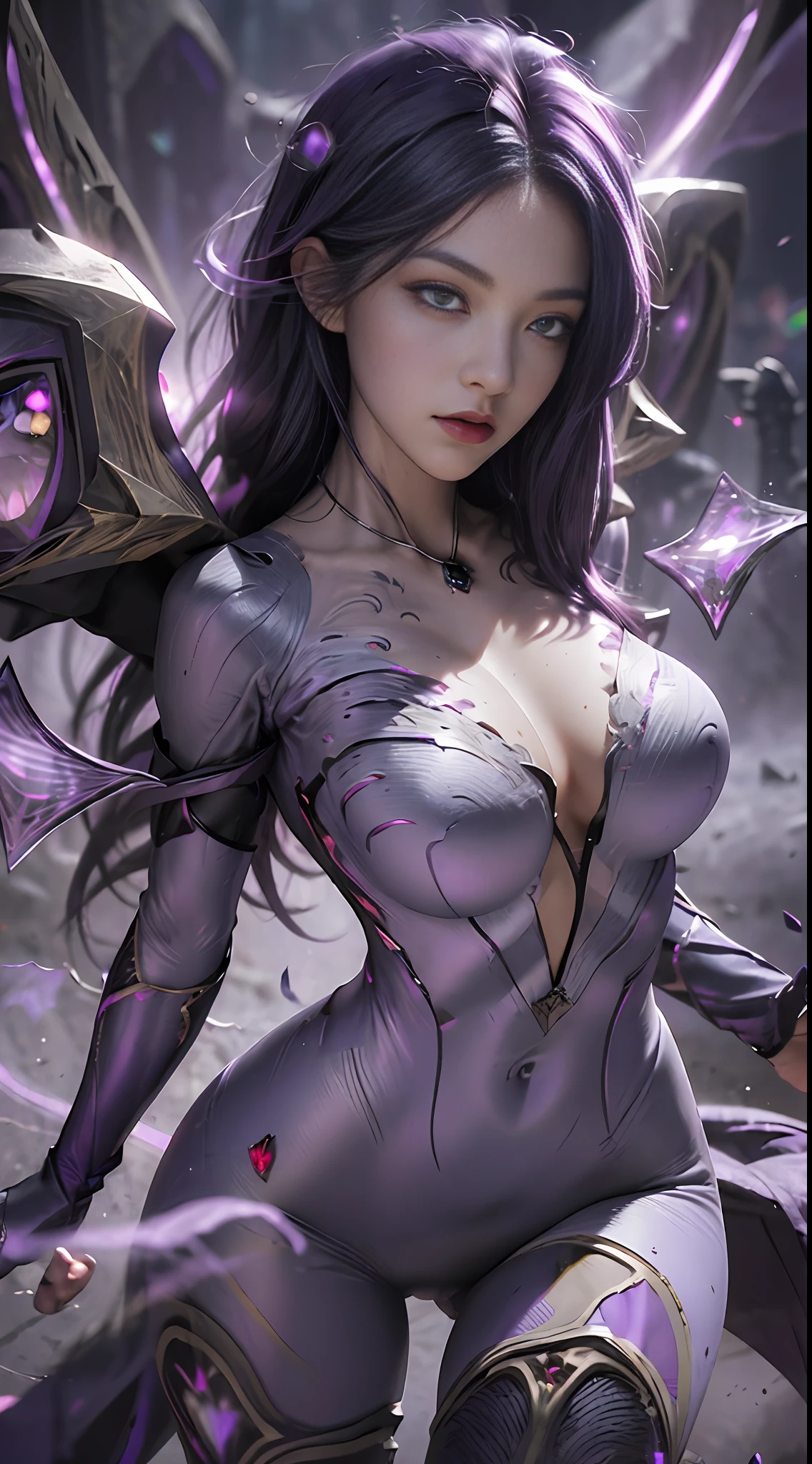 (masterpiece:1.3), (8k, photorealistic, RAW photo, best quality: 1.4), (1girl), beautiful face, (realistic face)cinematic lighting, stereogram, UHD, masterpiece, ccurate, super detail, Award Winning, Best Quality, Highres, 16k League of Legends, 1Girl, Characters: (Light Makeup) (Huge) (Void Wings: 2), (Monster Beauty), (Dark Breath), (Wings), (Curvy Body), (Flaming Red Eyes), (Mysterious Veil), (Wild Confidence) (Detailed Face Details) (Amazing Charm)
Movements & Stances: (Flying Levitation), (Magic), (Void Energy Surge), (Purple Energy Burst), (Mysterious Vortex Surrounding), (Majestic Gaze), (Void Crack Open), (Mysterious Stance)

Magic Scene: (Purple Void Warp), (Mystic Rune Stone Pillar), (Flickering Purple Energy Chain), (Void Warp Crack), (Mystic Magic Array), (Purple Energy Vortex), (Mystic Purple Aura), (Mystic Magic Rune)

Environment Atmosphere: (Mysterious Void Air Breath), (Magic Energy Diffuse), (Void Power Surge), (Purple Magic Light), (Mysterious Dark Atmosphere), (Void Energy Vortex), (Mysterious Magic Energy Resonance), (Mysterious Void Sound)

Visuals: (Purple Energy Light Bloom), (Void Rune Flicker), (Magic Energy Fluctuation), (Void Warp Effect), (Purple Energy Staggered Texture), (Mystic Purple Light), (Void Energy Surge), (Purple Magic Spark)