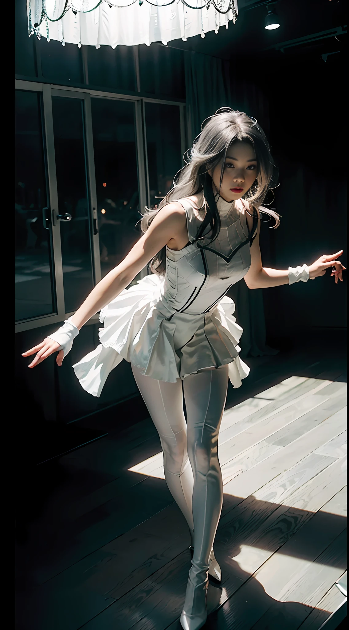 (Extreme Detail CG Unity 8K wallpaper, masterpiece, highest quality), (exquisite lighting and shadow, highly dramatic picture, cinematic lens effect), a girl in a white Spider-Man costume, silver gray hair color, from parallel universes, Marvel, Spider-Man, standing in an empty dance studio, dynamic pose), (excellent detail, outstanding lighting, wide angles), (excellent rendering, enough to stand out in its class), with a focus on the white Spider-Man costume