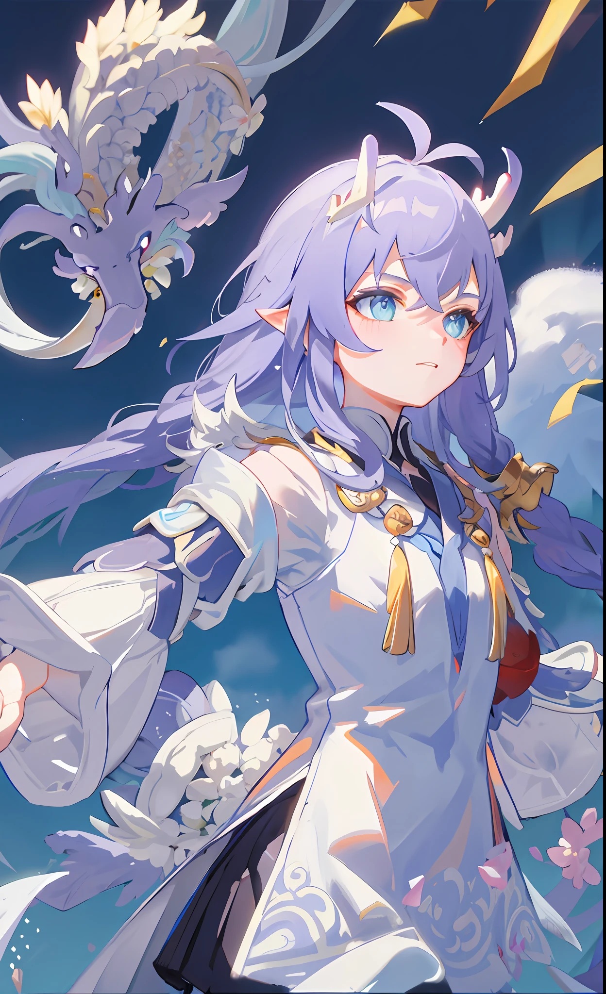 (Masterpiece), (Excellent), (Extremely Fine), White Dew, Square, Spectator, Dragon's Tail Horns, Upper Body, Flowers, Streamers, Clouds,