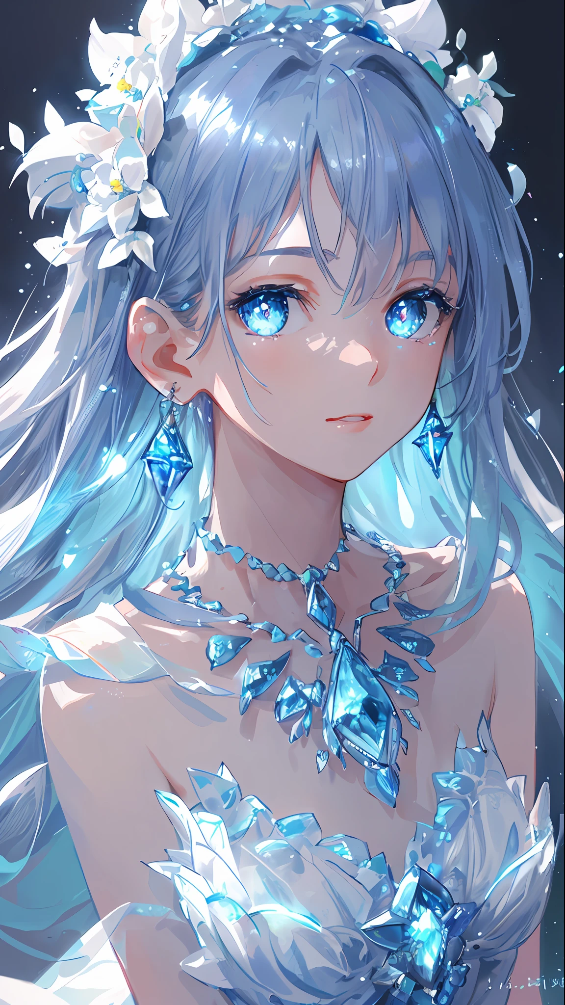 masterpiece, best quality, illustration, sax blue, platinum earrings, platinum necklace, white dress, 1girl, cute, (dynamic lighting:1.2), cinematic lighting, delicate facial features, detailed eyes, sharp pupils, realistic pupils, depth of field, bokeh, sharp focus, (hyper-detailed, bloom, glow:1.4), many small gems