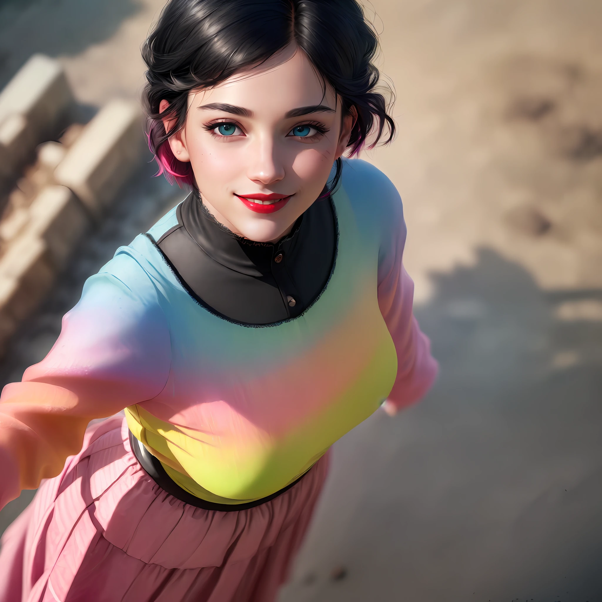 (High Angle Shot:1.8), (pink/yellow/green/blue/red/white clothes), (pink/yellow/green/blue/red/white/black long skirt),(long sleeves),
1girl,(short hair:1.1), (realistic:1.7),((best quality)),absurdres,(ultra high res),(photorealistic:1.6),photorealistic,octane render,(hyperrealistic:1.2), (photorealistic face:1.2),
(8k), (4k), (Masterpiece),(realistic skin texture), (illustration, cinematic lighting,wallpaper),( beautiful eyes:1.2),((((perfect face)))),(cute),(standing),(black hair),black eyes,red lips, outdoors,
smile,