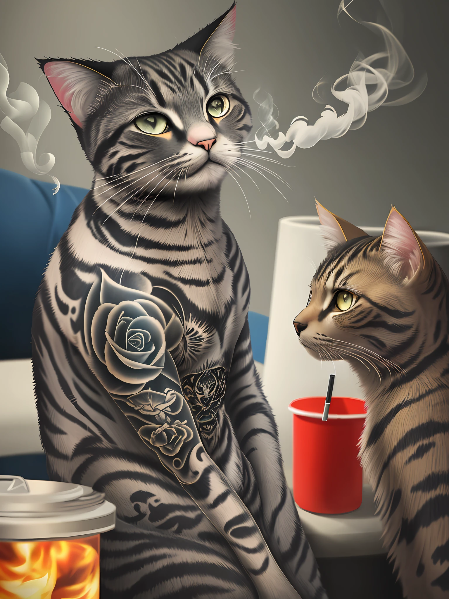 Cat full of tattoo smoking cigarette